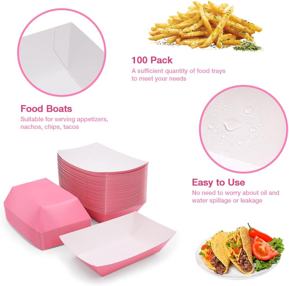 100 Pack 3LB Paper Food Trays with Pink Color