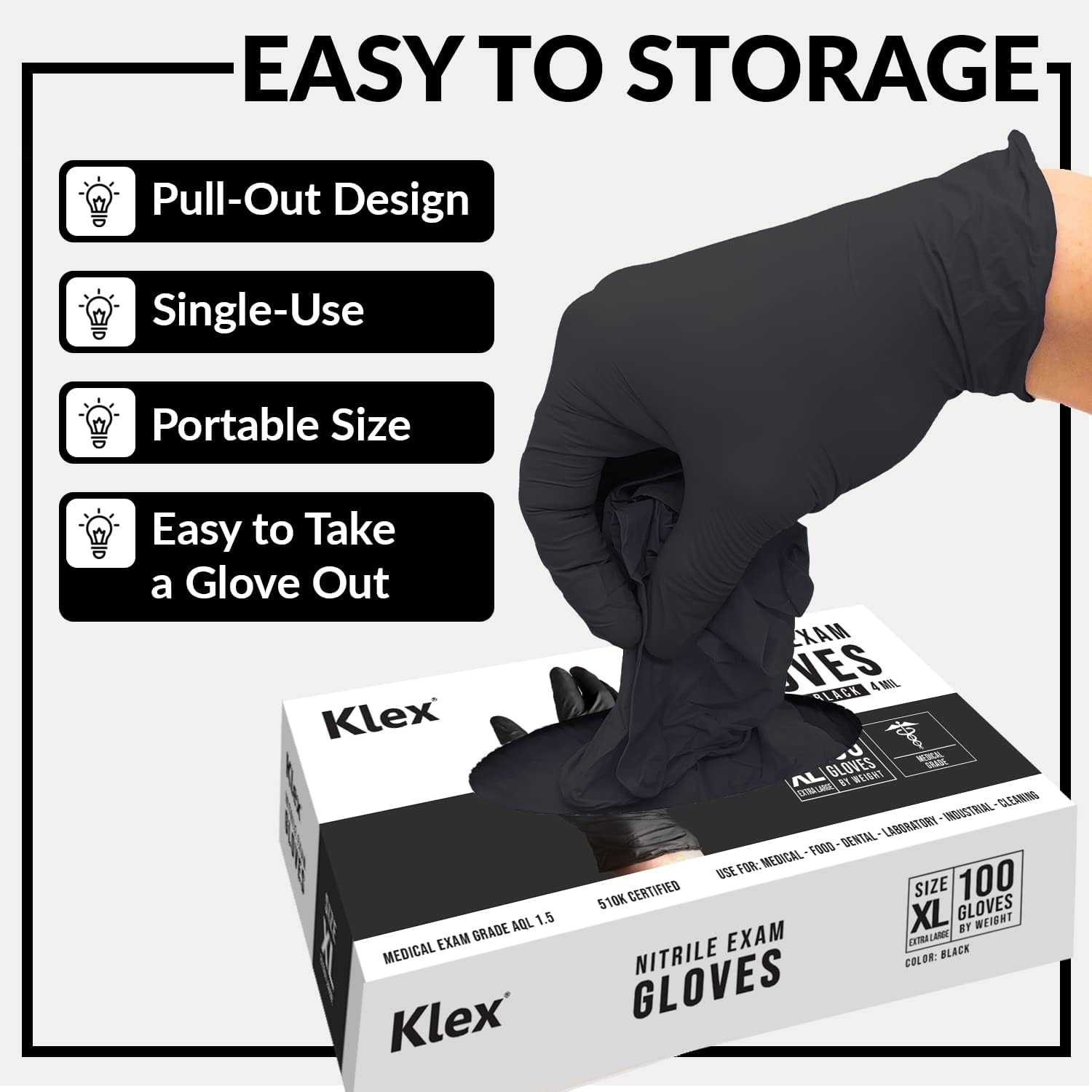 Klex Nitrile Exam Gloves - 1000 Count Black Medical Grade Powder Free Latex Free