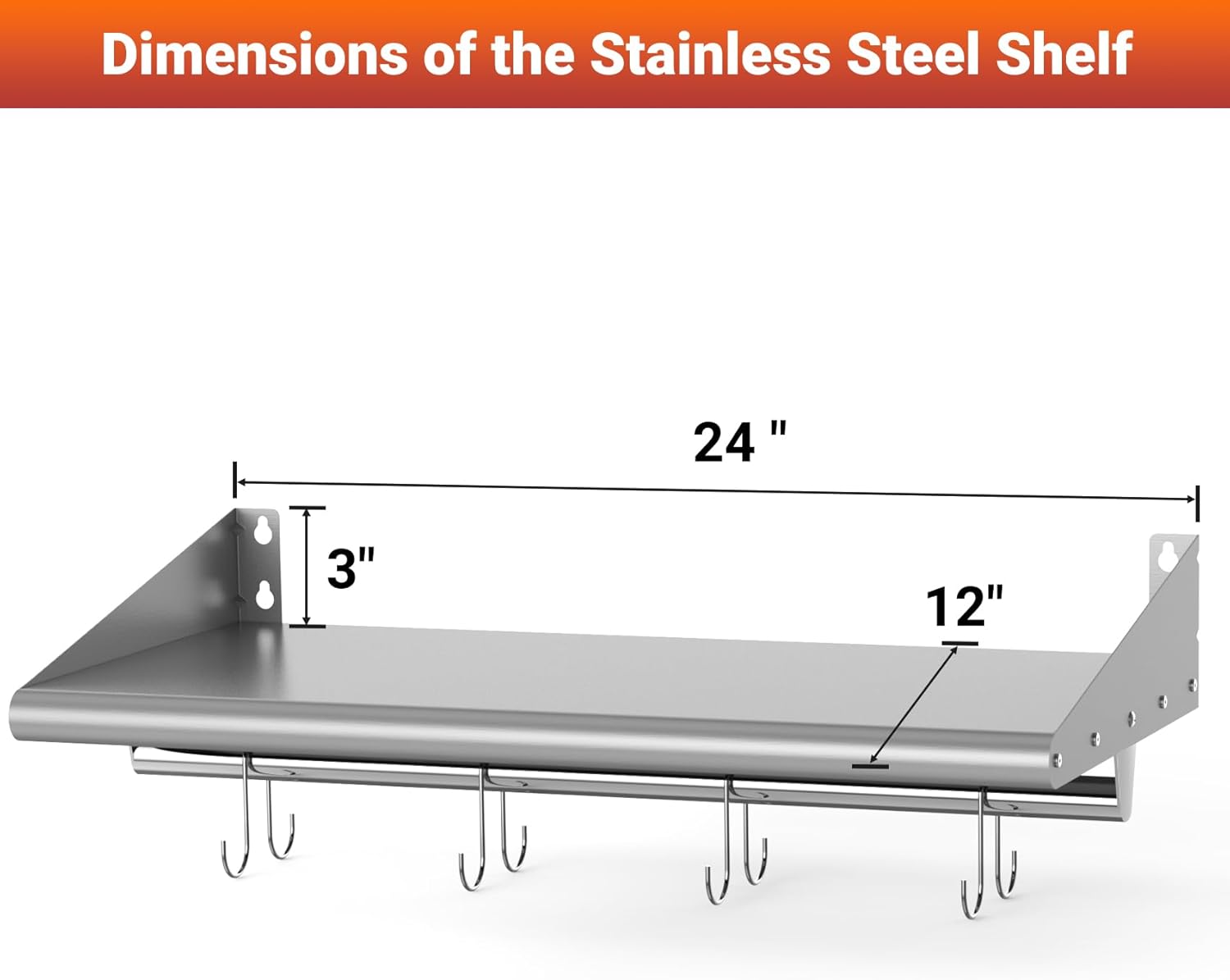 Skyflame 12x24 Inch Stainless Steel Wall Shelf with 4 Hooks