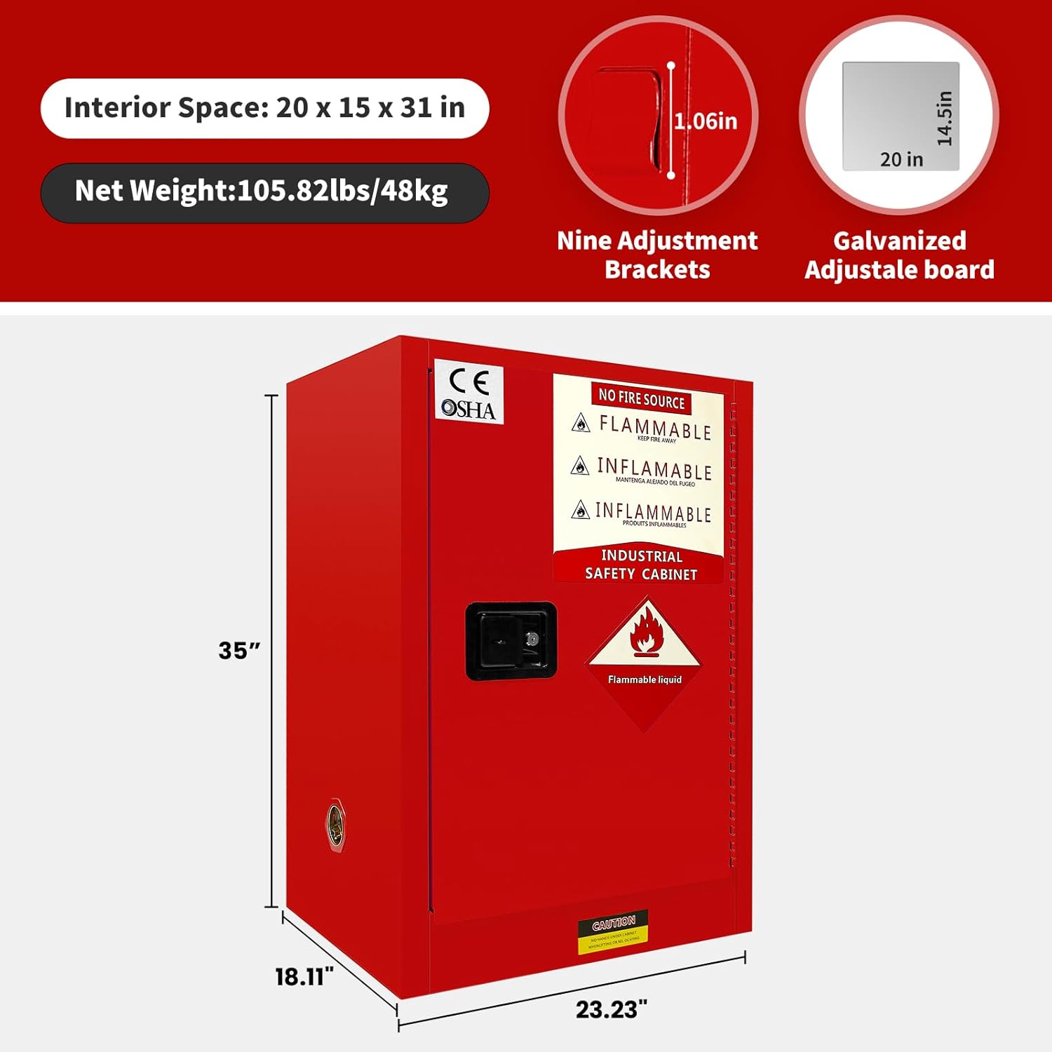 24 Gallon Flammable Cabinet Red 35H x 23W x 182D