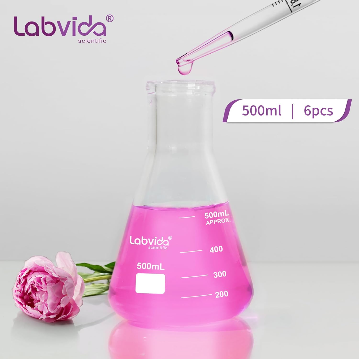 6PCS Narrow Mouth 500ml Erlenmeyer Flasks with Borosilicate Graduation
