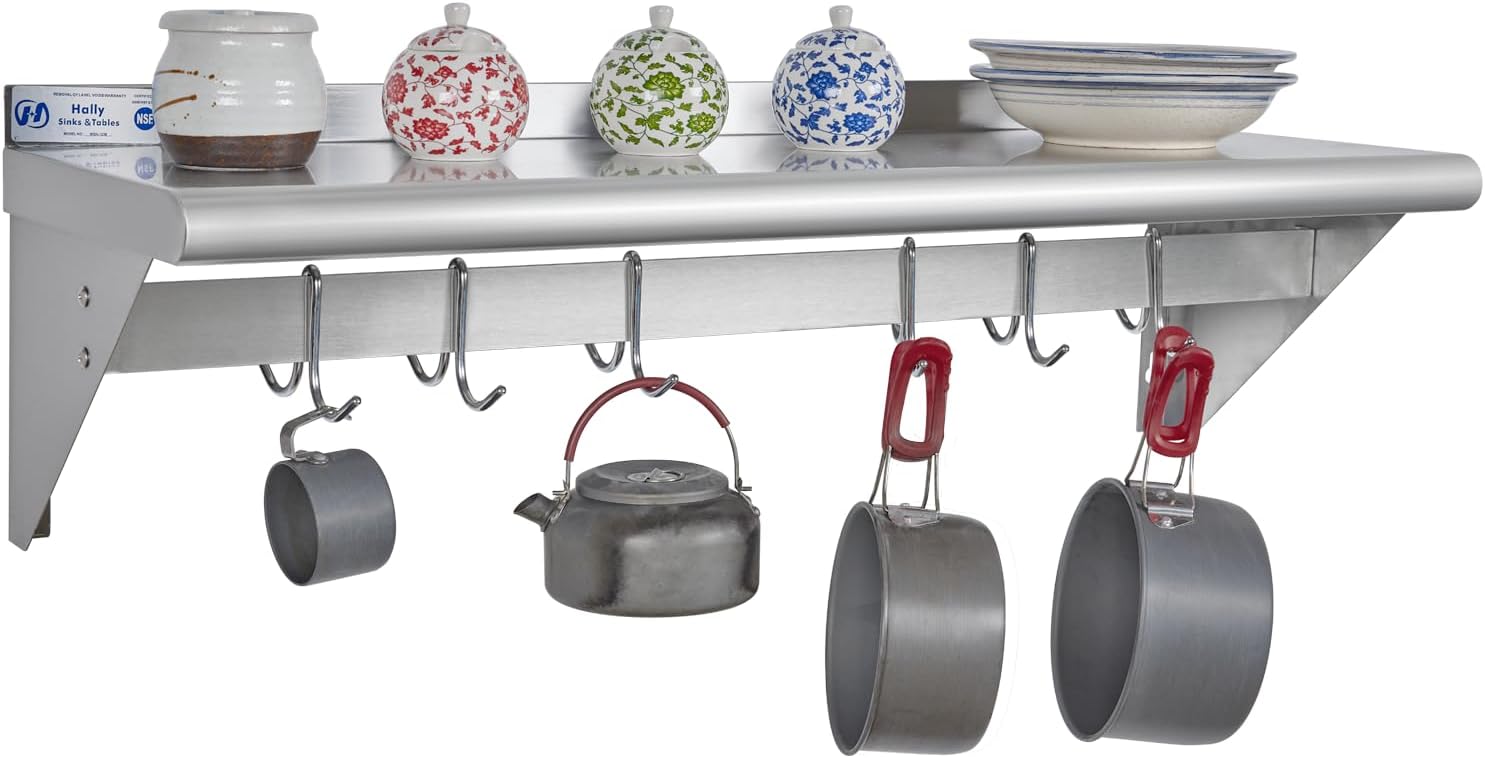 HALLY Stainless Steel Shelf with 6 Hooks Wall Mounted Pot Rack 12x36 Inches