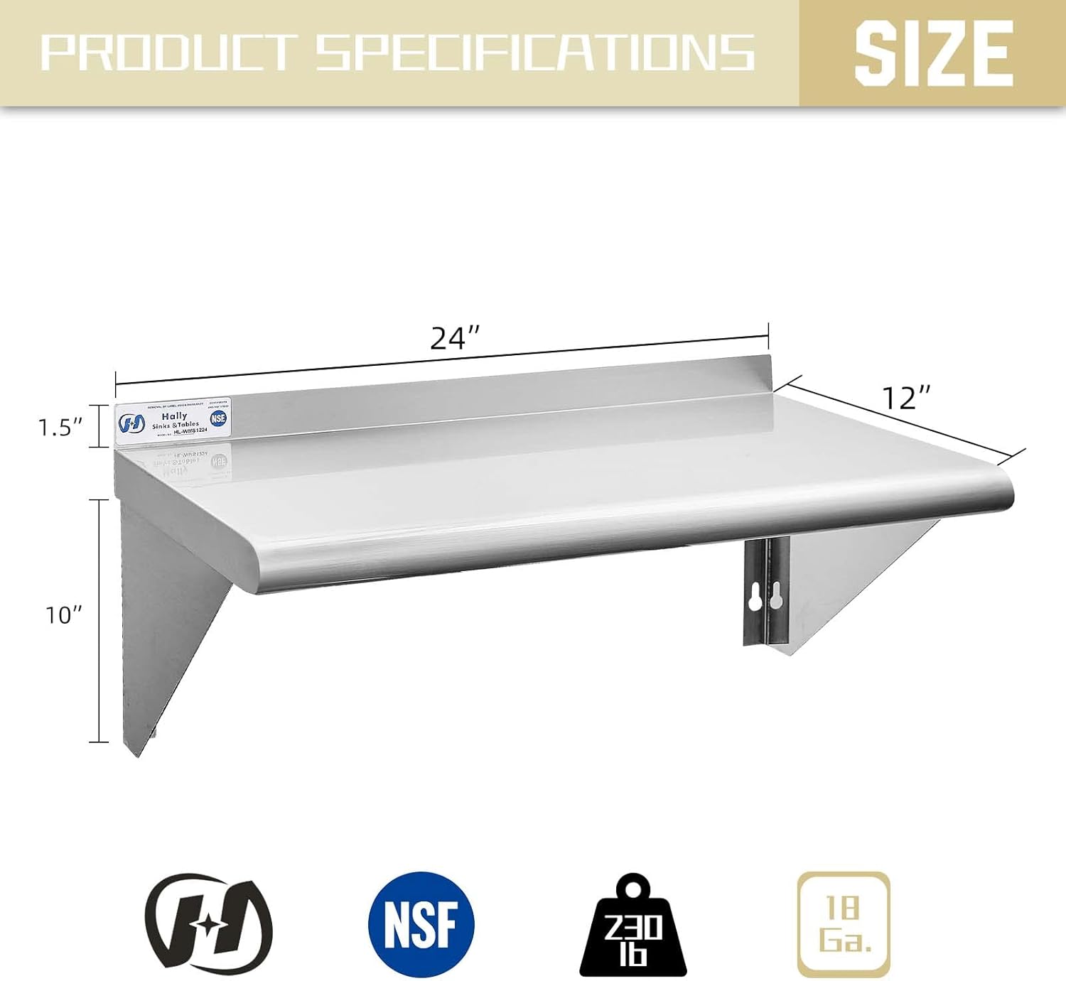 Hally Stainless Steel Shelf 12x24 Inches 230 lb