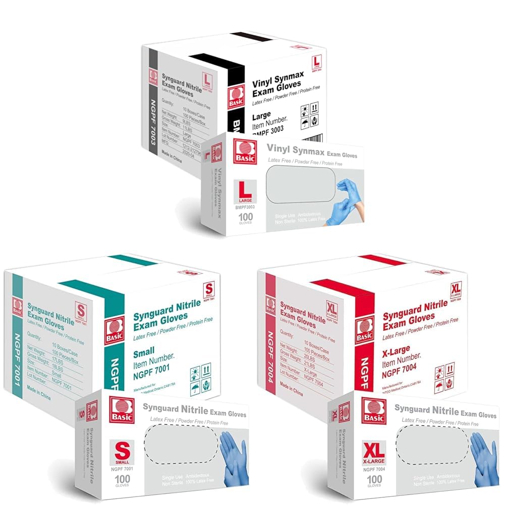 Basic Medical Vinyl and Nitrile Exam Gloves - Latex-Free Powder-Free Xtra Large Case of 1000