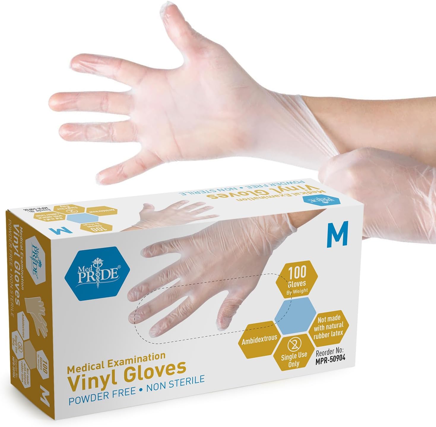 MED PRIDE Medical Vinyl Gloves 100 Count Latex Free Clear Powder Free