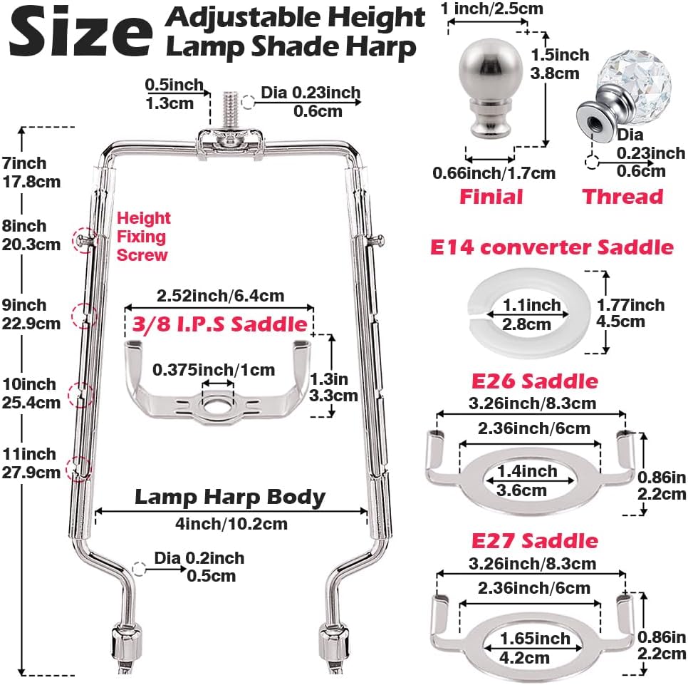 8-9-10-11 Inch Nickel Lamp Harp Holder Adjustable Height Harp Kit with Crystal Metal Finial