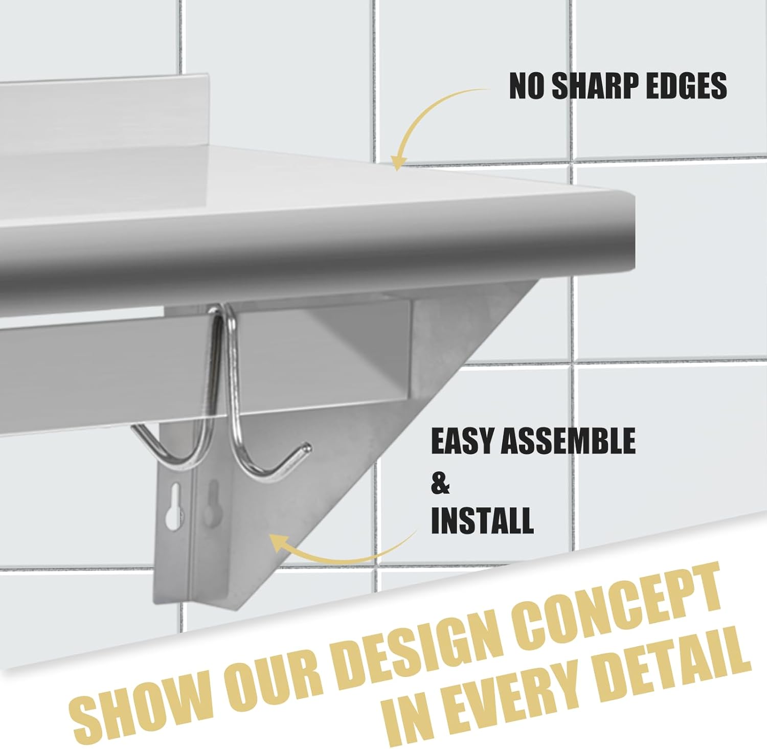 HALLY Stainless Steel Shelf with 6 Hooks Wall Mounted Pot Rack 12x36 Inches