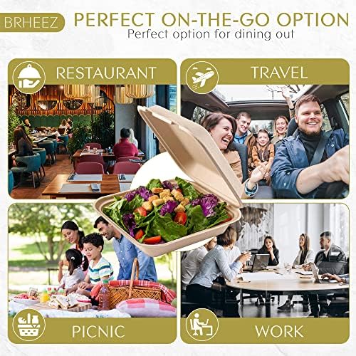 Brheez Disposable Clamshell Containers Biodegradable 8x8 1 Compartment Pack of 50