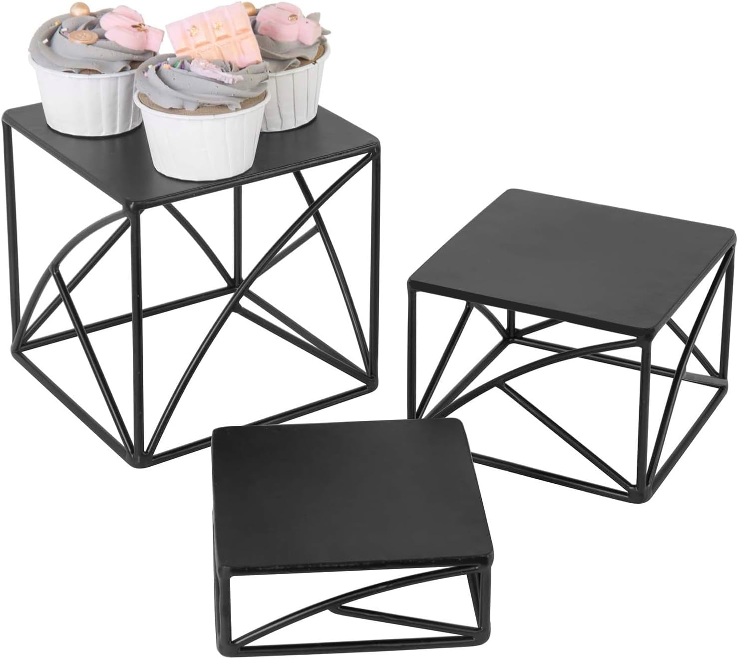 MyGift 3Pc Food Display Risers Set Matte Black Metal Serving Stands