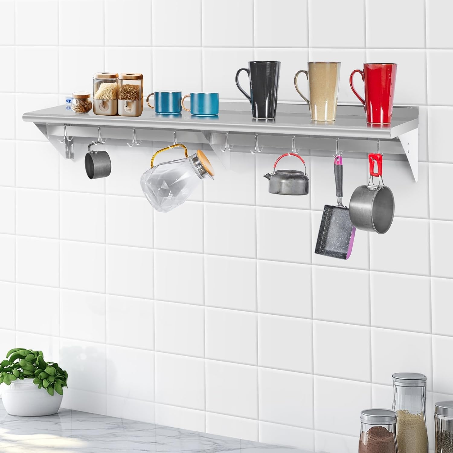 HALLY Stainless Steel Shelf with 6 Hooks 14x48 Wall Mount Pot Rack