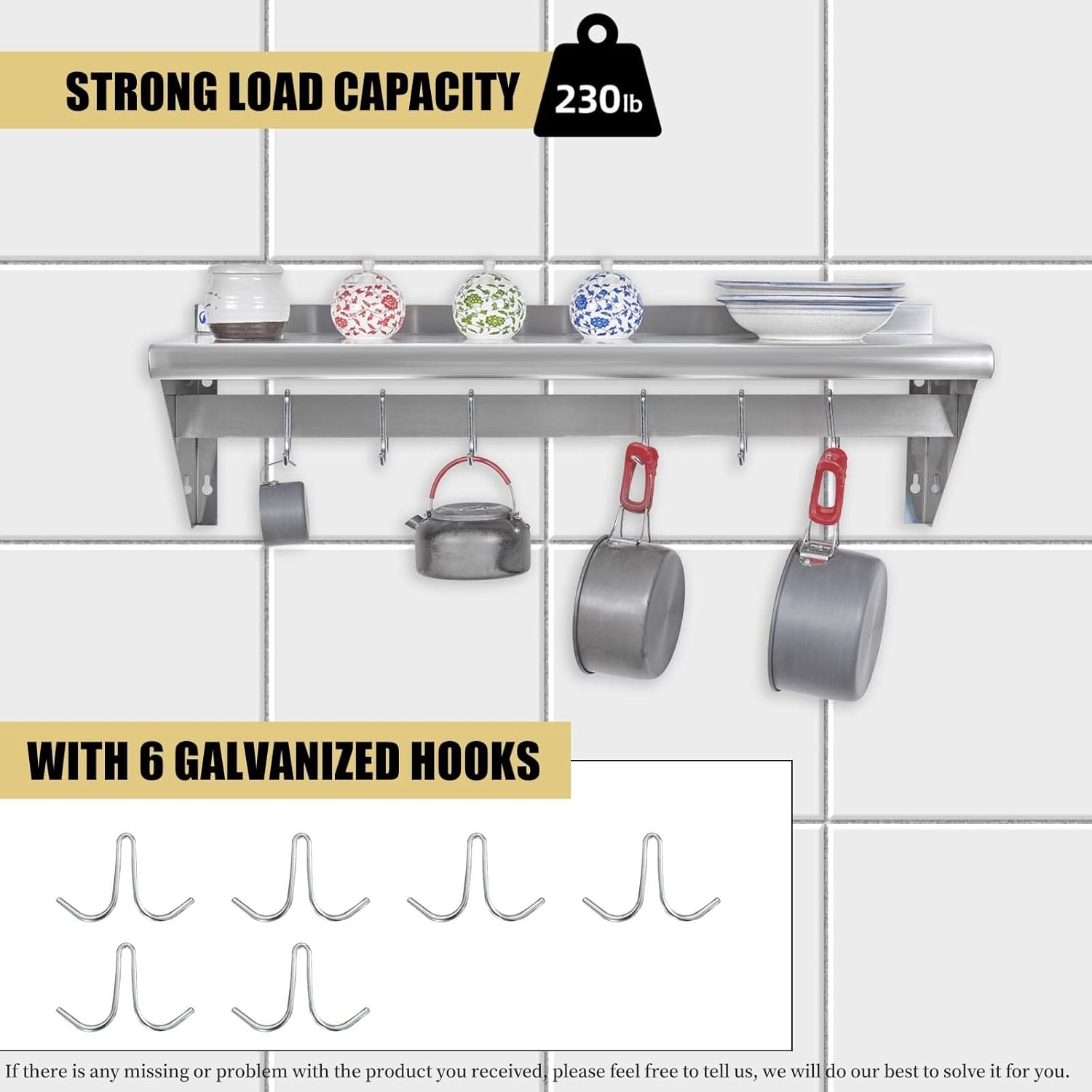 HALLY Stainless Steel Shelf with 6 Hooks Wall Mounted Pot Rack 12x36 Inches
