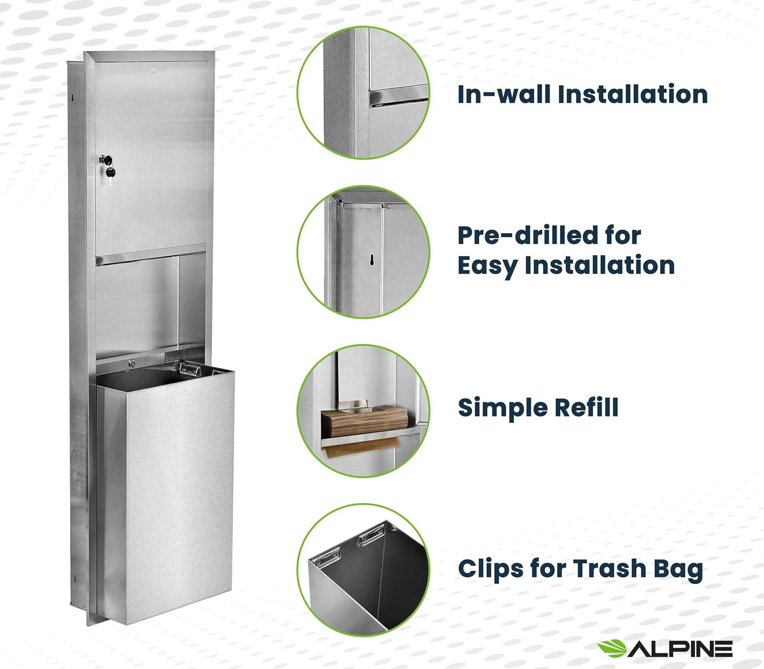 Alpine Recessed Paper Towel Dispenser with 12 Gallon Trash Can Stainless Steel