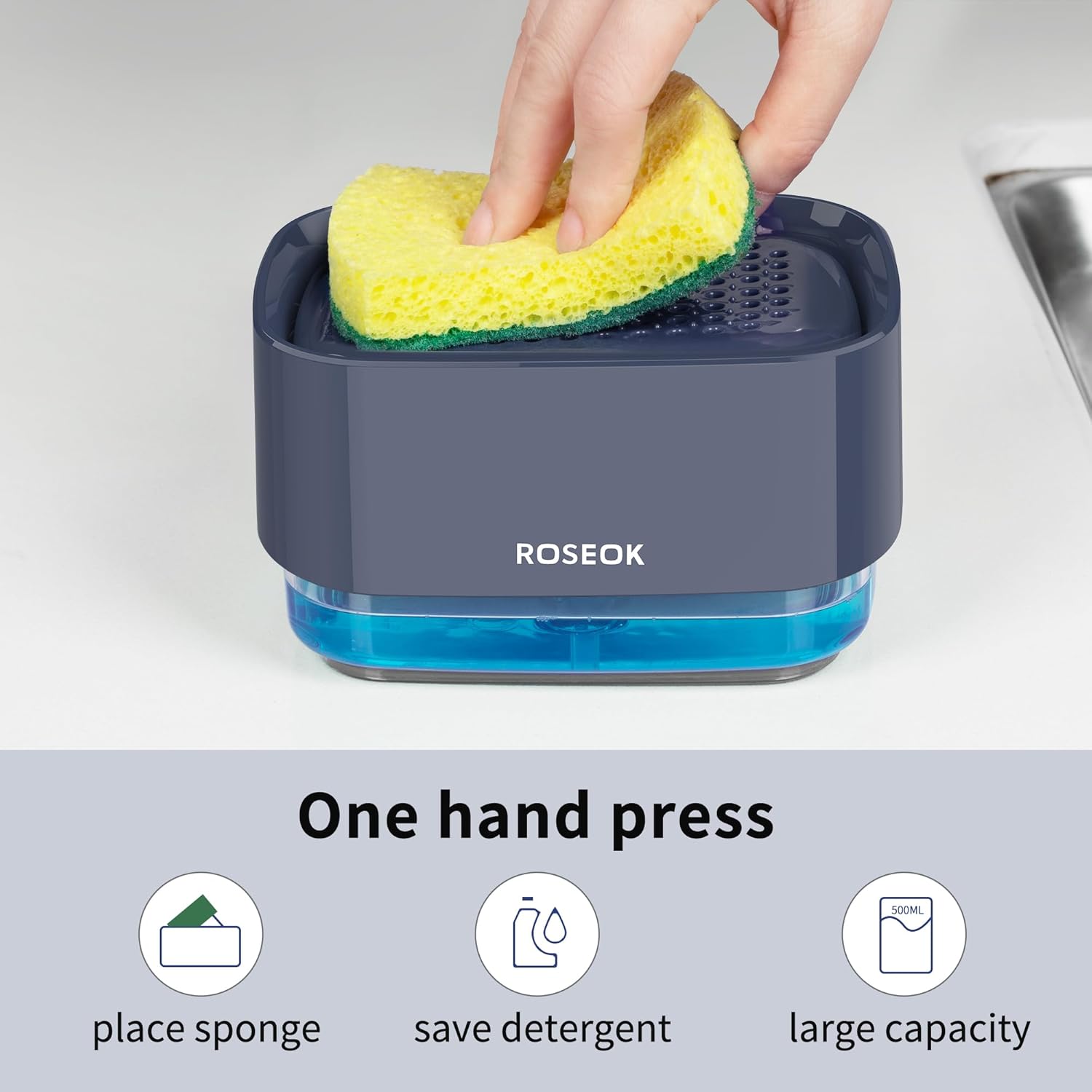 ROSEOK Dish Soap Dispenser with Sponge Holder 17 Ounces Navy Blue