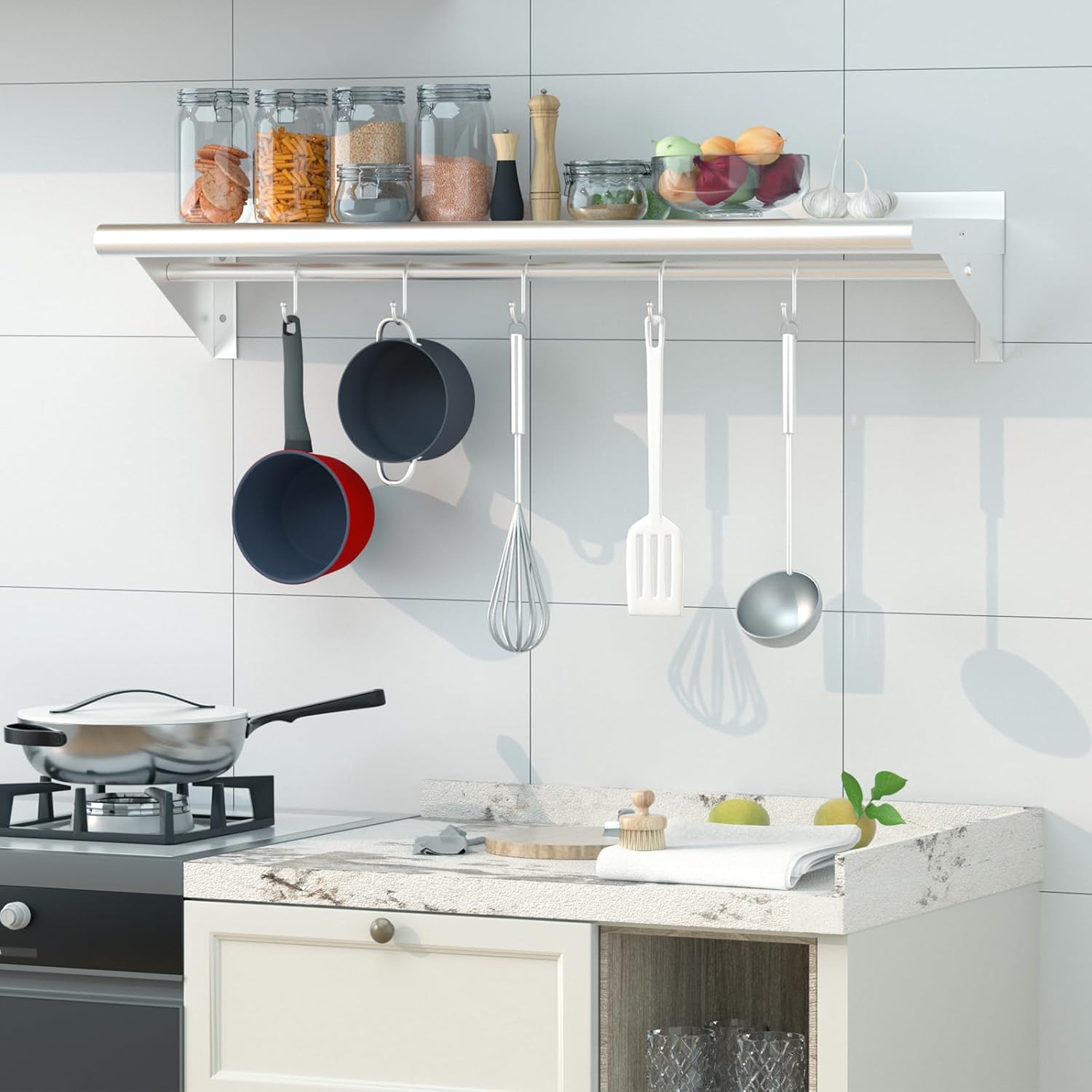 Treshin Stainless Steel Shelf with 5 Hooks 14x48 Inches