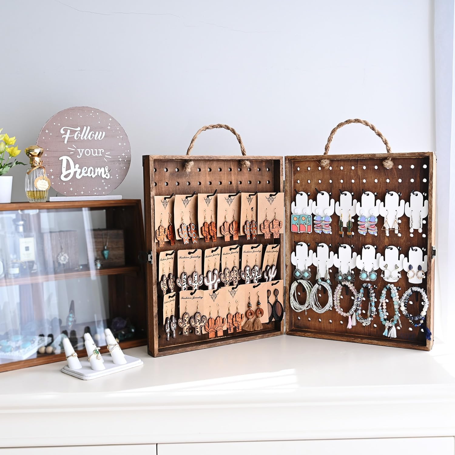 MOOCA 2 Panel Pegboard Jewelry Display Organizer with 48 Hooks and Rope Handle