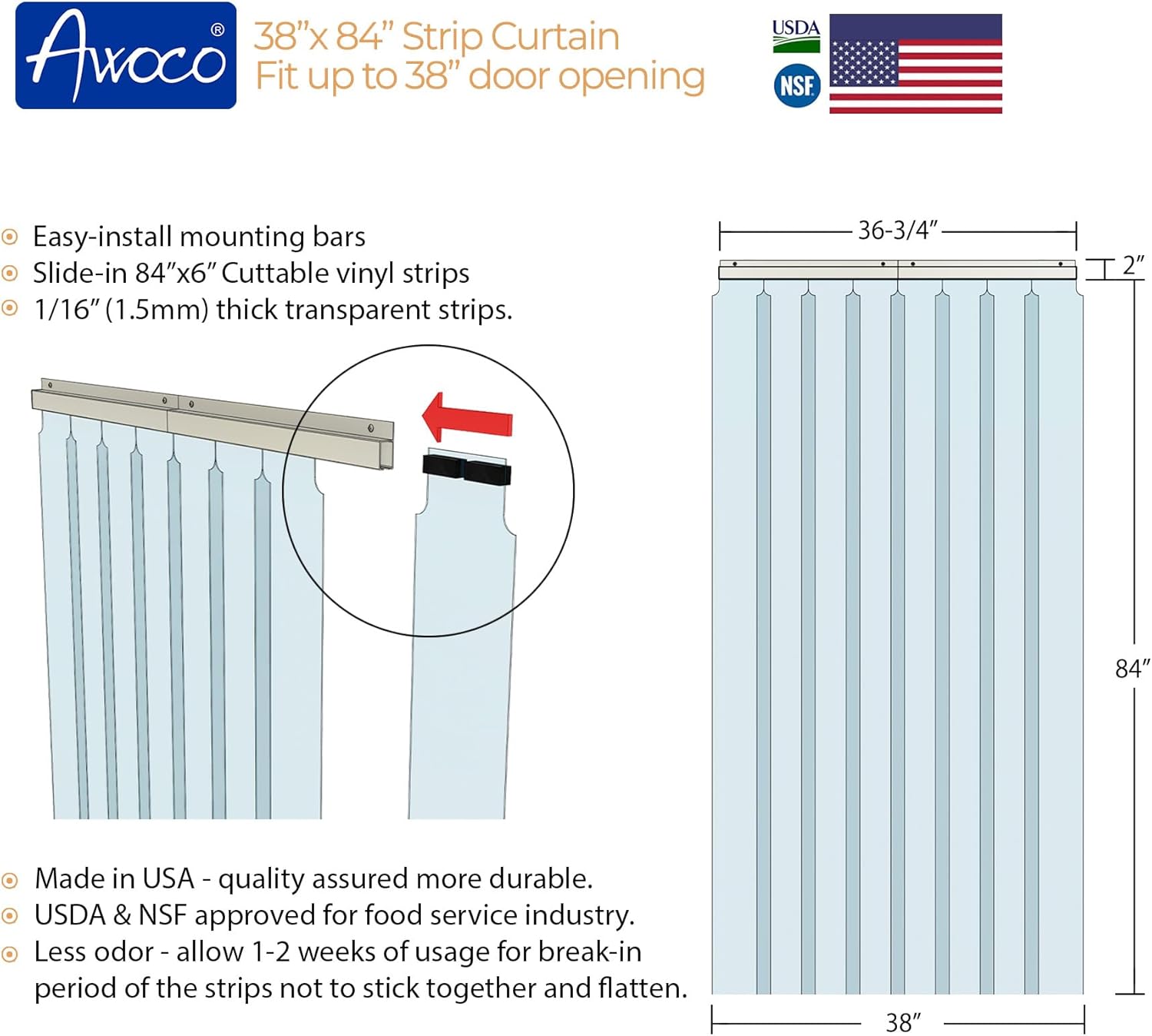 Awoco 38 x 84 Inch Vinyl Strip Curtain Kit