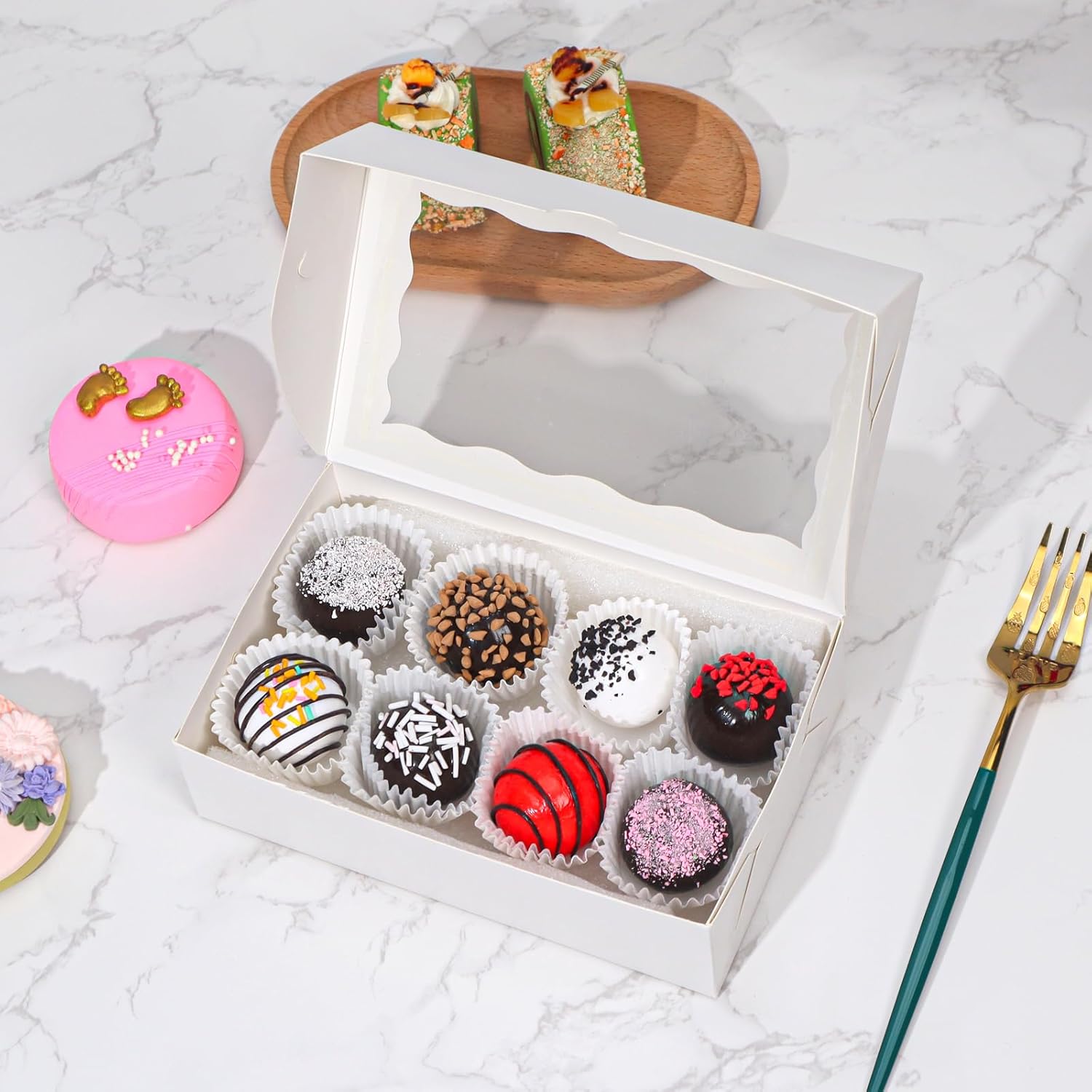 ROSPAKTEK 100pcs 7x43x2in White Bakery Boxes with Window for Cookies Macarons and Chocolate Truffles