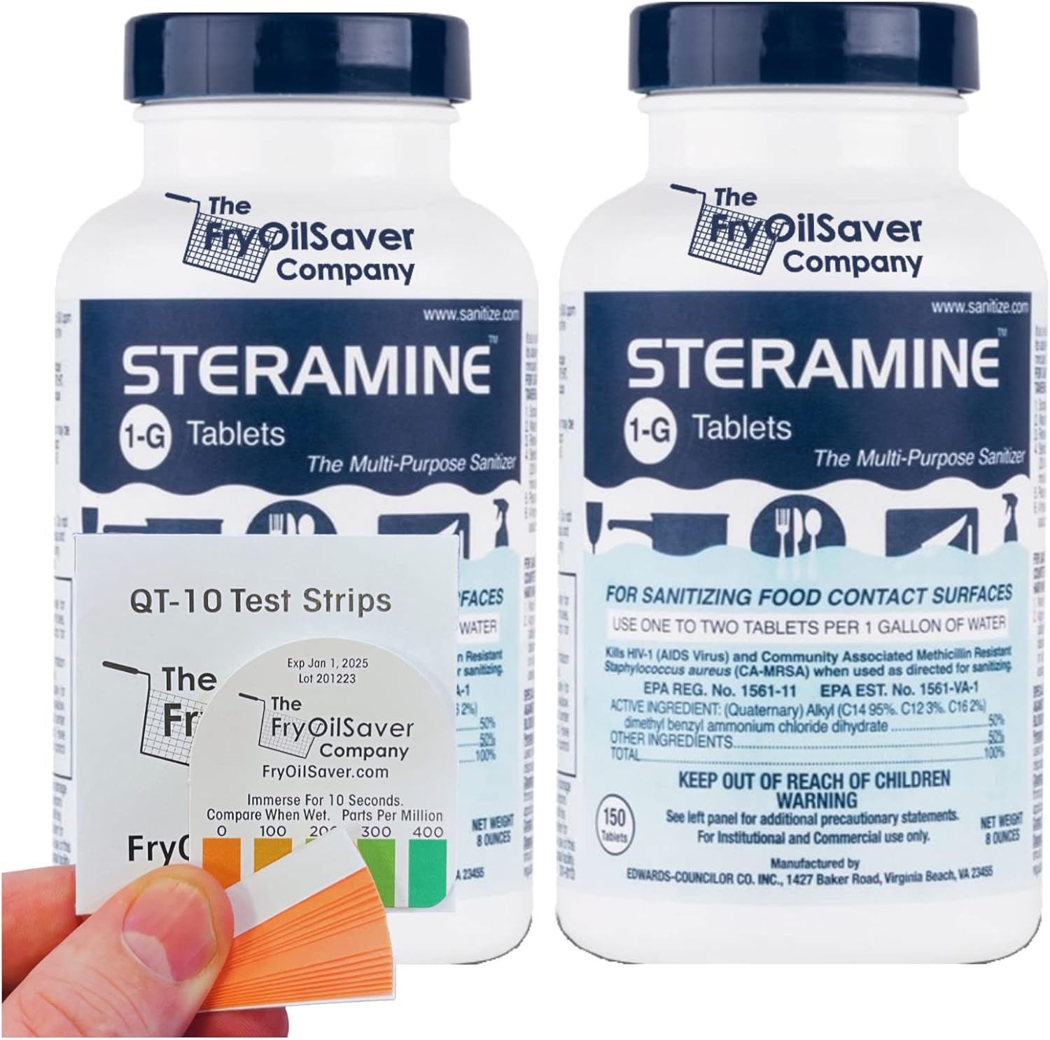 2 Bottles Steramine Sanitizer Tablets with QT-10 Test Strips