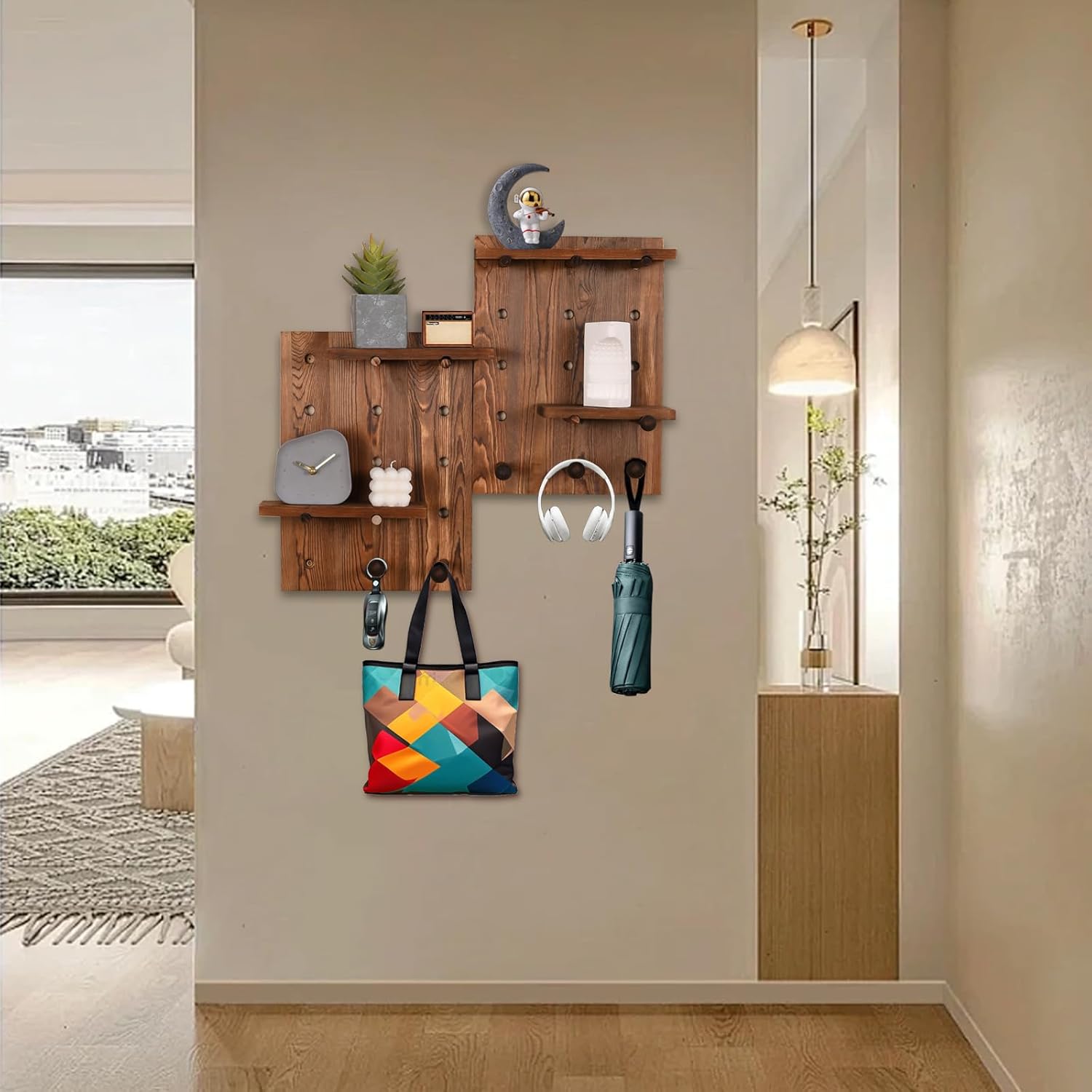 Serene Plum Perforated Wood Pegboard Wall Shelf 2 Sets Charcoal-Grilled Color