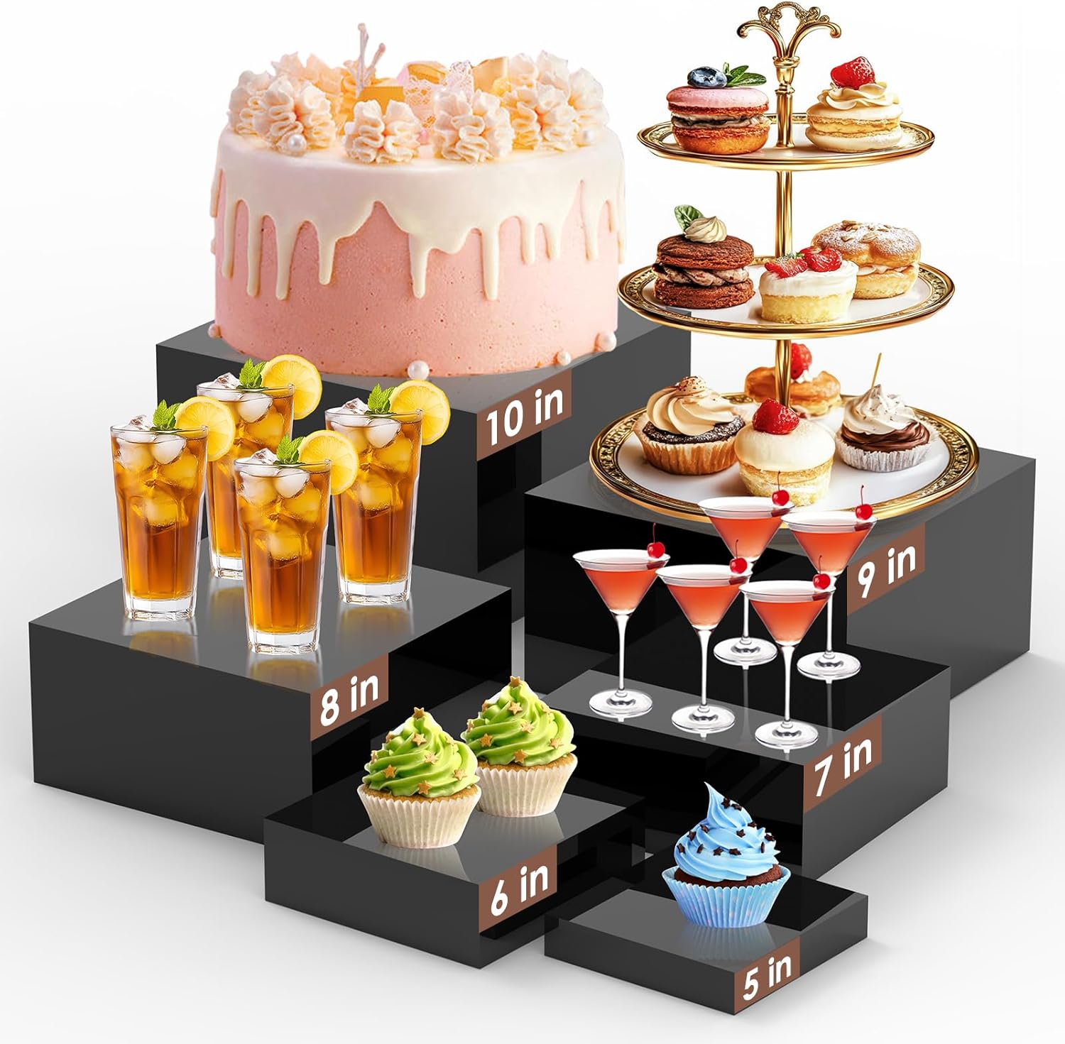 6 Pcs Buffet Risers with Hollow Bottoms Black Set