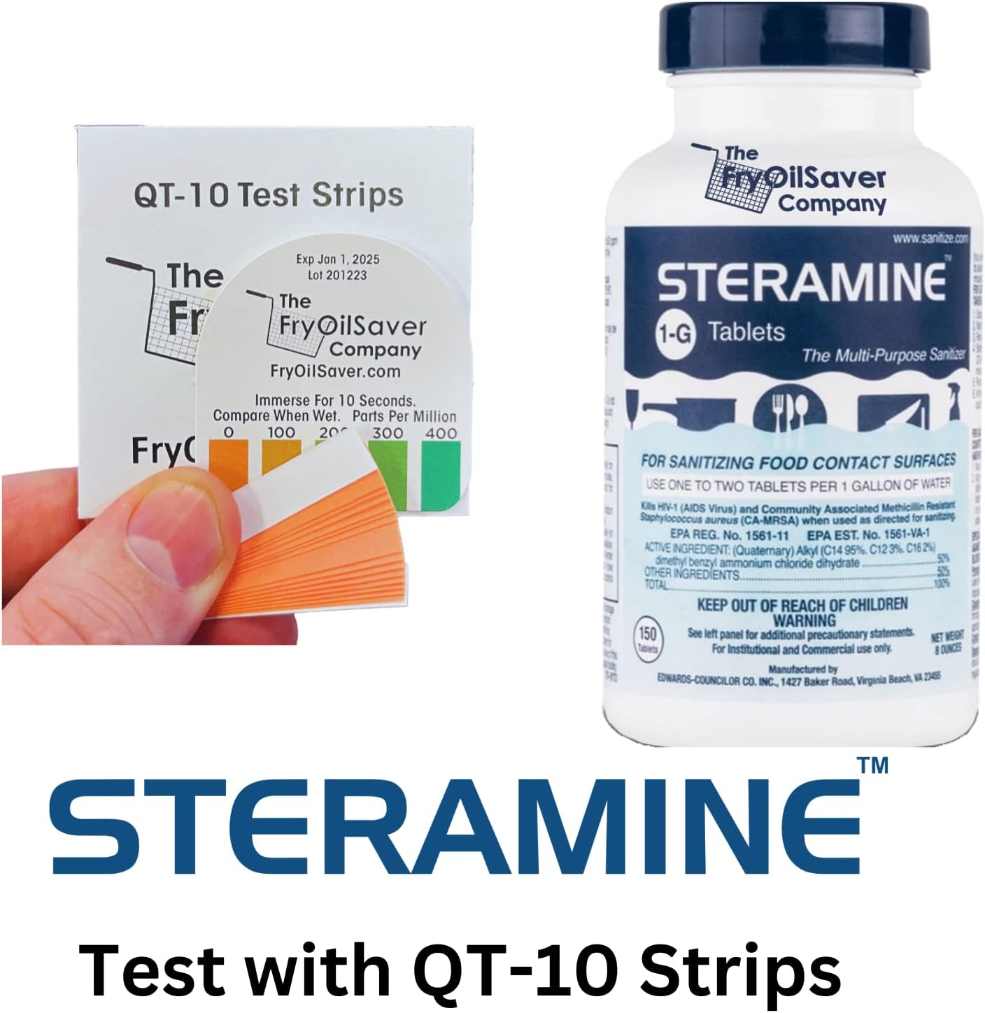 2 Bottles Steramine Sanitizer Tablets with QT-10 Test Strips