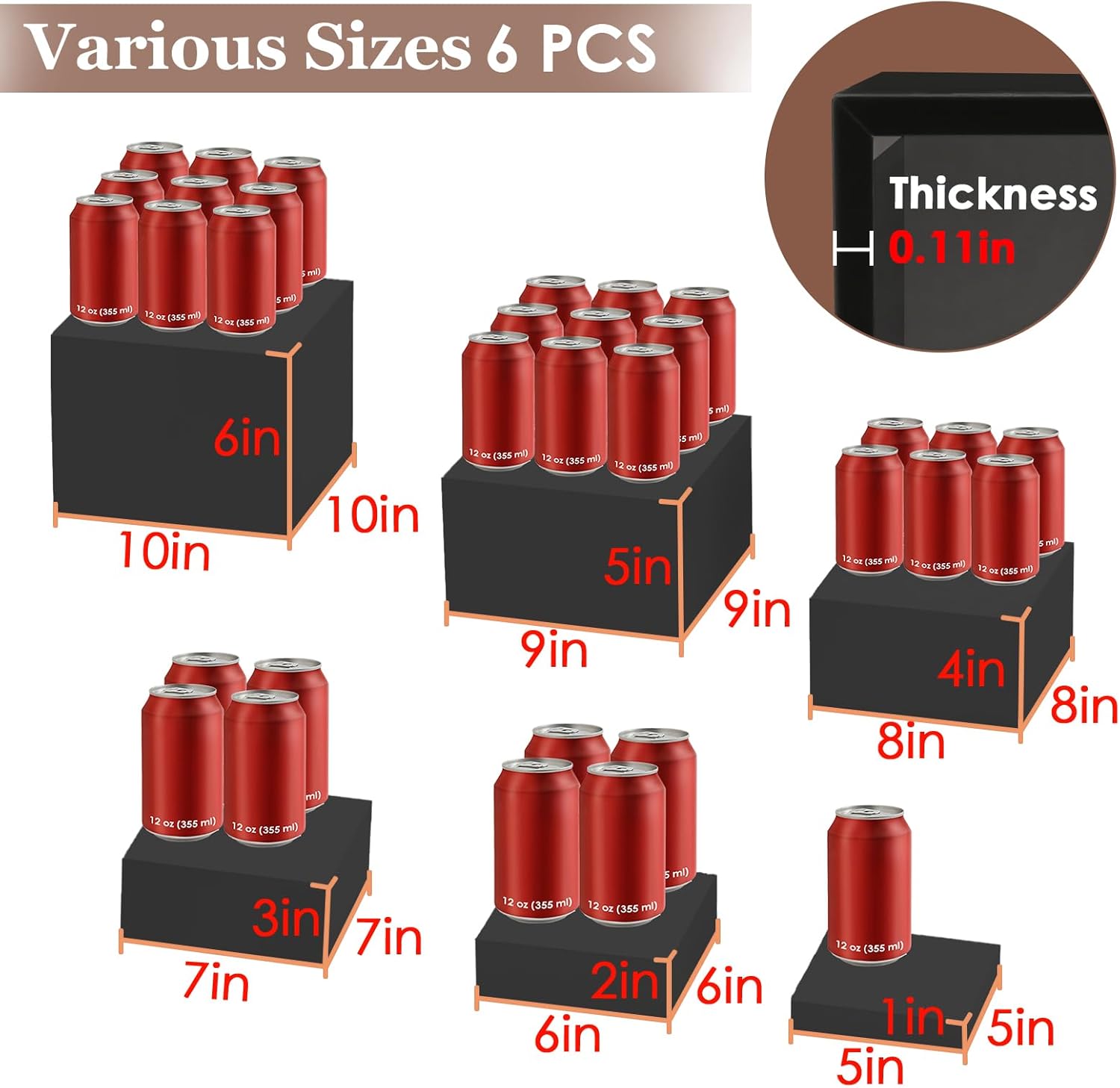 6 Pcs Buffet Risers with Hollow Bottoms Black Set