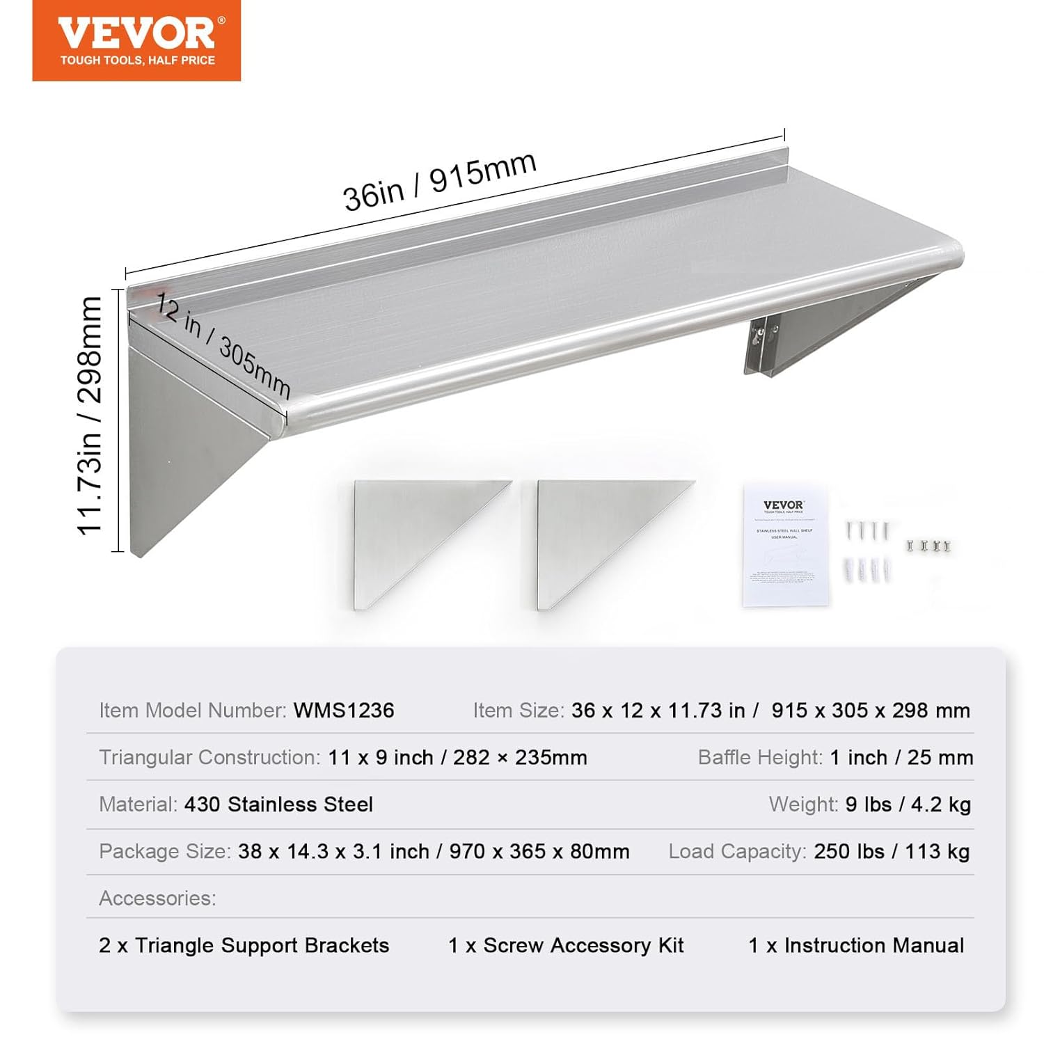 VEVOR 12 In x 36 In Stainless Steel Wall Shelf