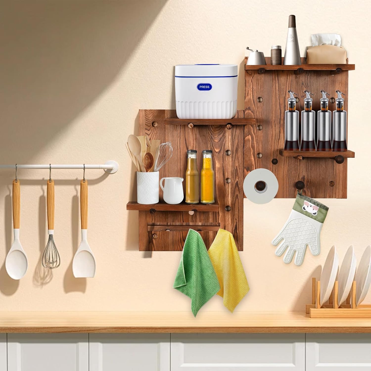 Serene Plum Perforated Wood Pegboard Wall Shelf 2 Sets Charcoal-Grilled Color