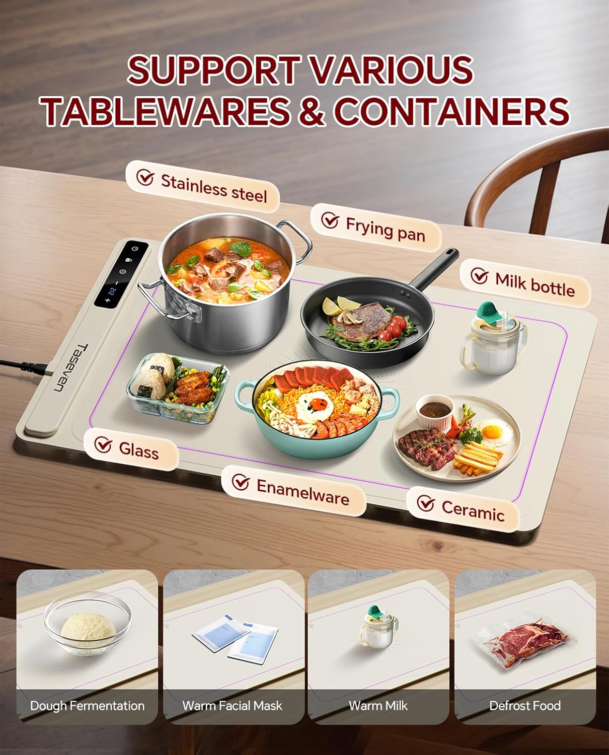 Taseven Food Warming Mat with 7 Temperature Settings and Kids Lock