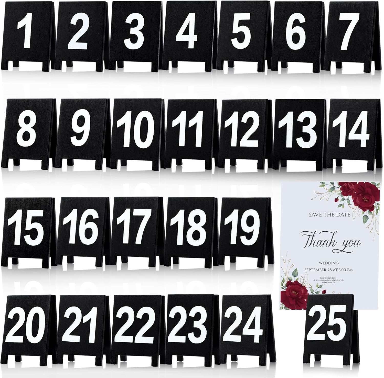 25 Pcs Black Double-Sided Wooden Table Numbers Holders