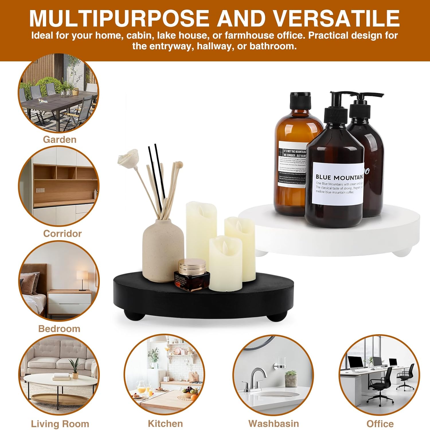 Two Round Wooden Display Stands for Home and Kitchen