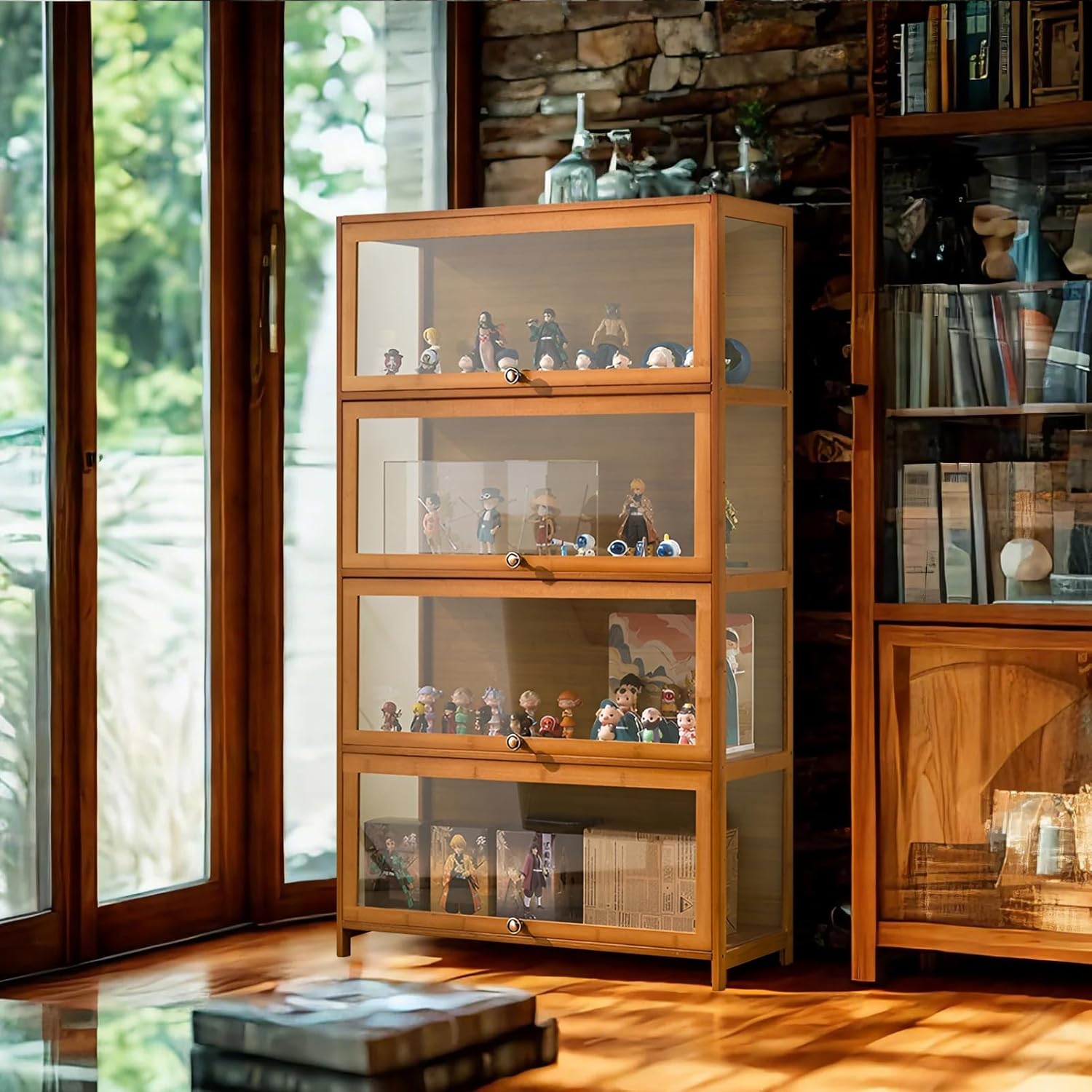 SAADHGG Curio Display Cabinet with Acrylic Glass Door Four Layer Storage Shelves