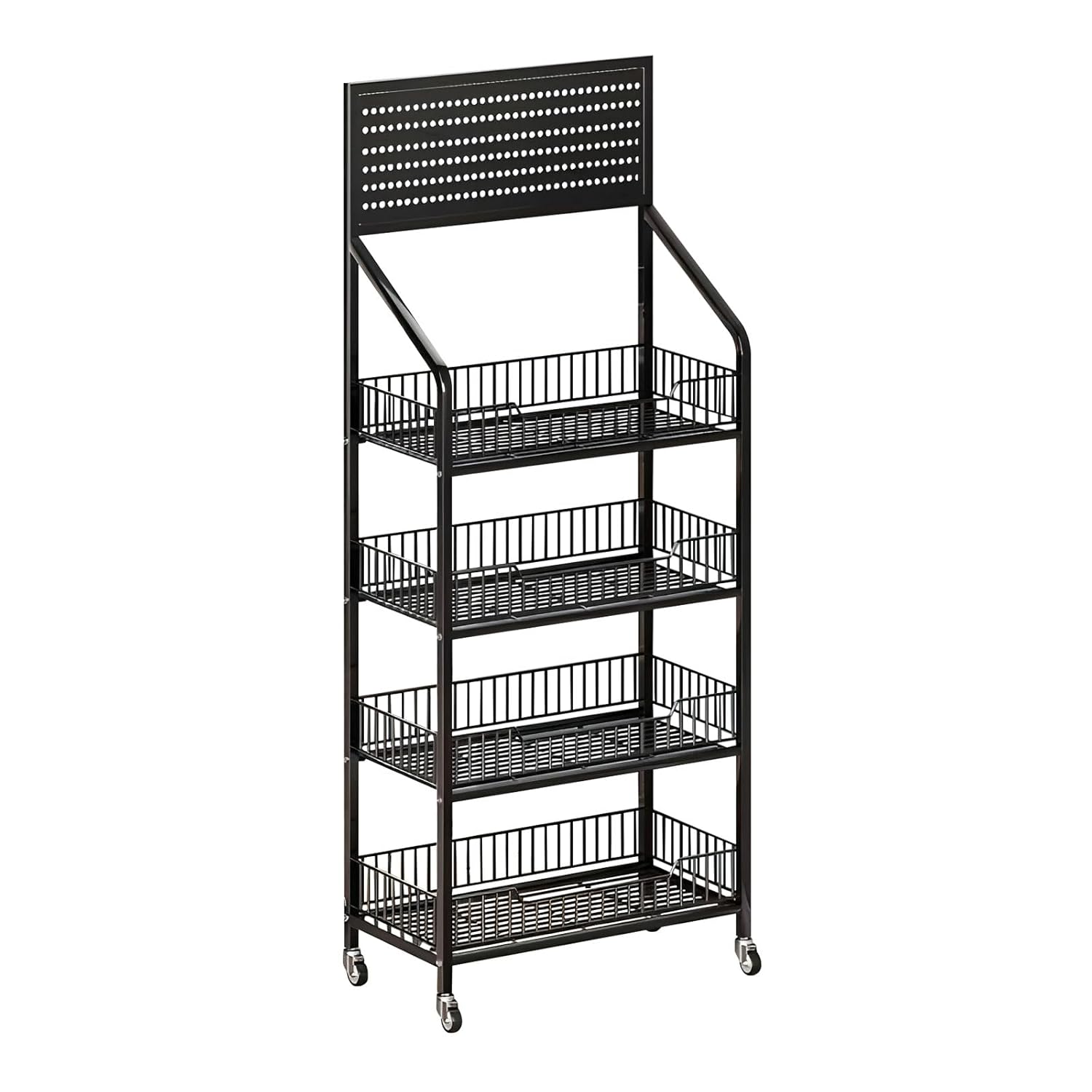 4 Tier Supermarket Snack Display Rack with 12 Hooks and 4 Wheels