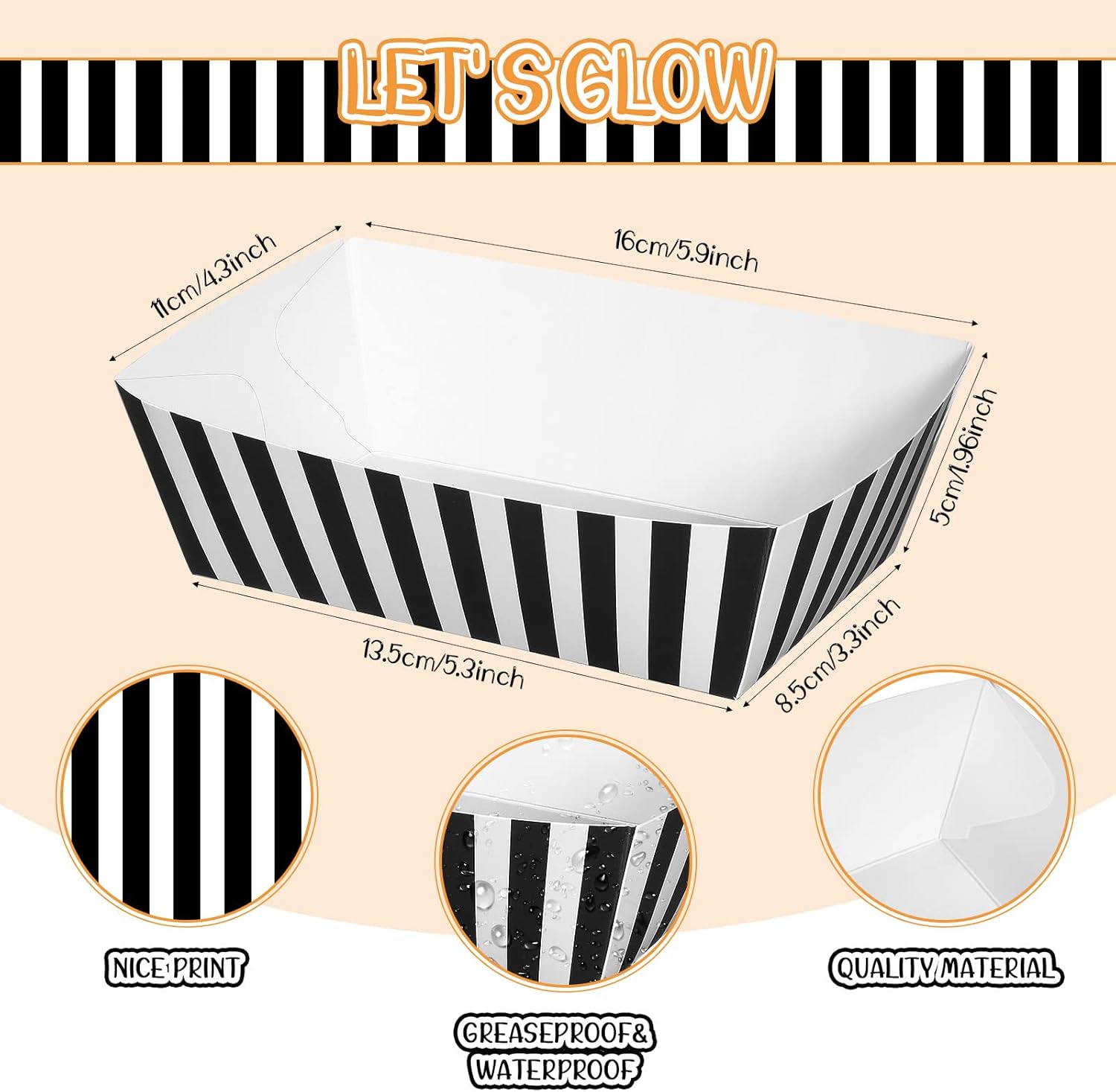 Rtteri 50 Pcs Black and White Striped Food Trays for Parties