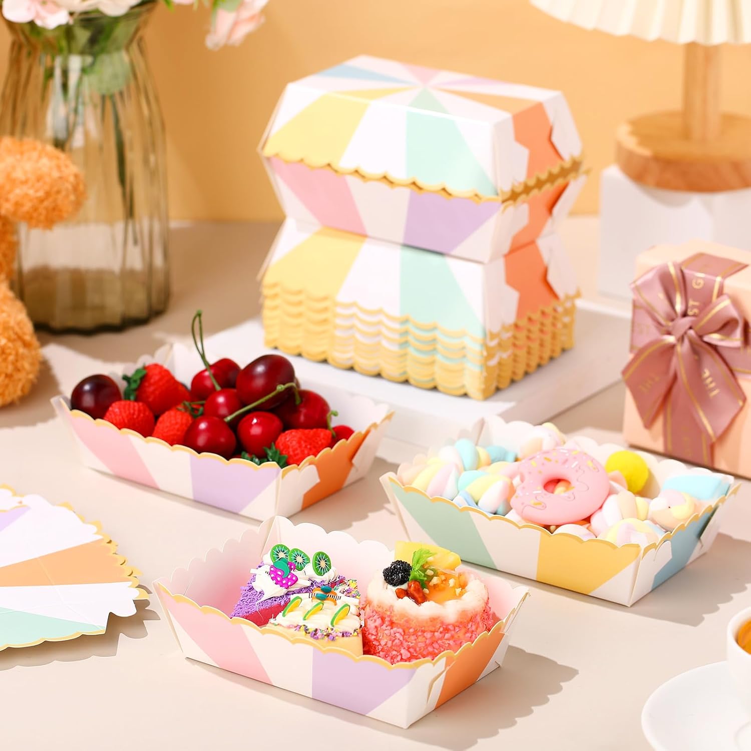 30 Pcs Pastel Striped Food Trays with Gold Foil Edge