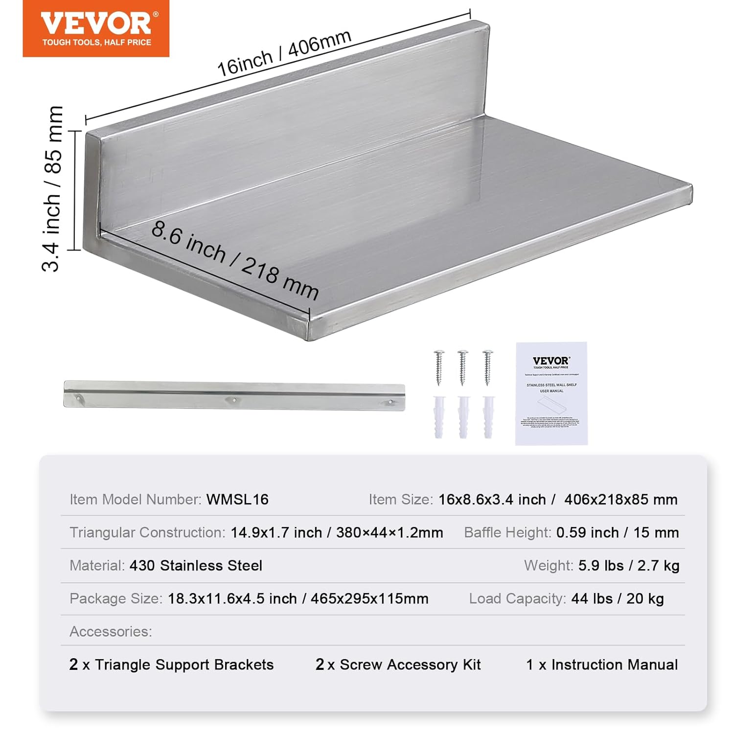 VEVOR Stainless Steel Wall Shelf 2 Pack 44 lbs Capacity