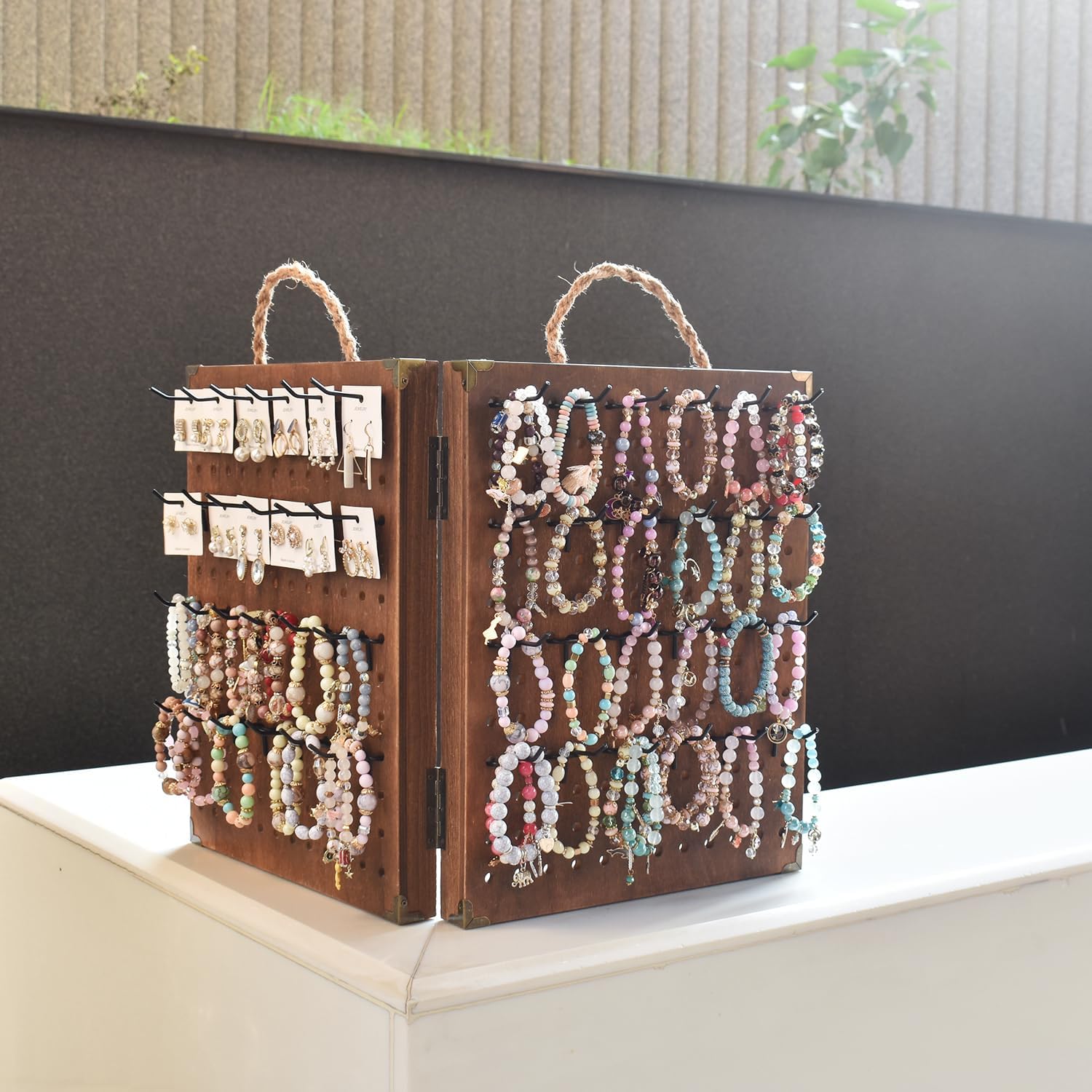 MOOCA 2 Panel Pegboard Jewelry Display Organizer with 48 Hooks and Rope Handle