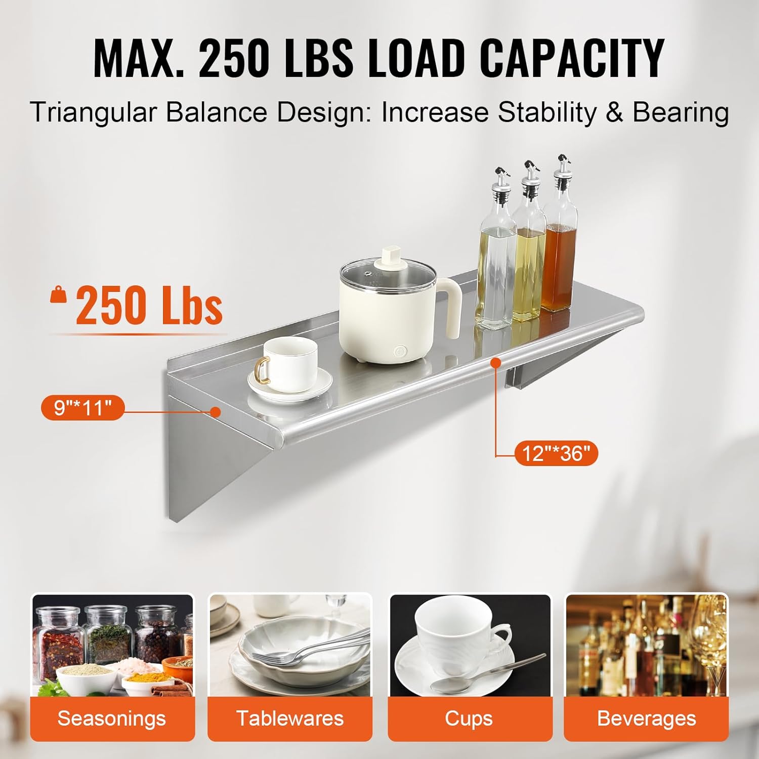 VEVOR 12 In x 36 In Stainless Steel Wall Shelf