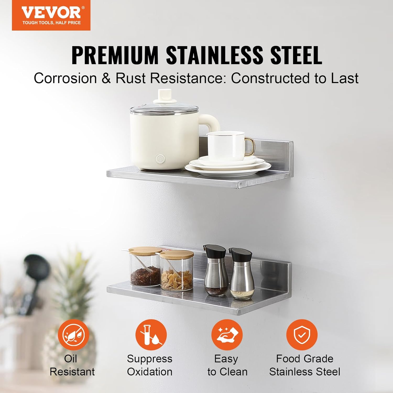 VEVOR Stainless Steel Wall Shelf 2 Pack 44 lbs Capacity