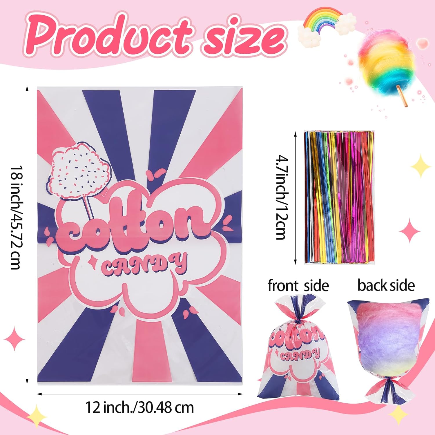 50 Pcs Cotton Candy Bags with Ties for Parties and Events