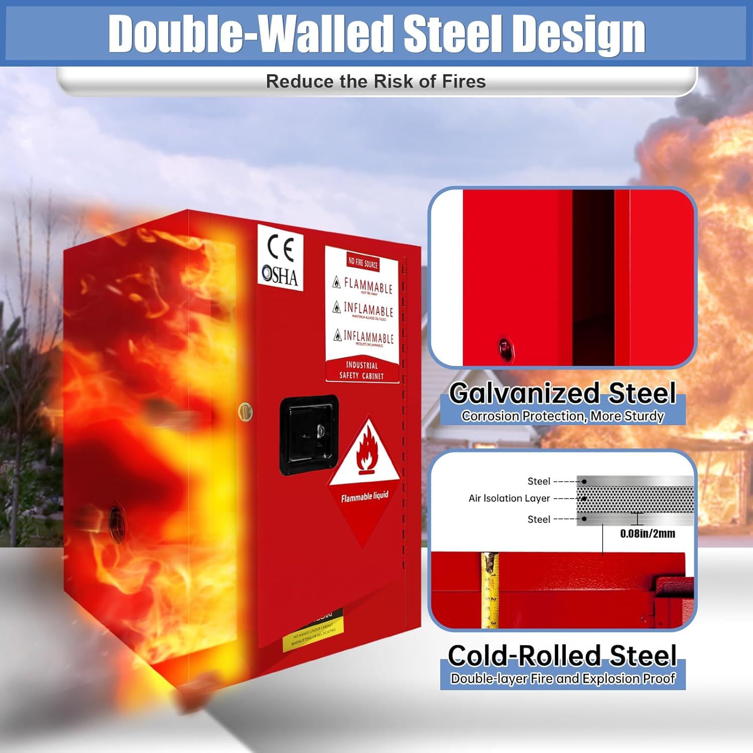 Flammable Cabinet 8 Gallon Fireproof Storage Cabinet for Home and Industrial Use