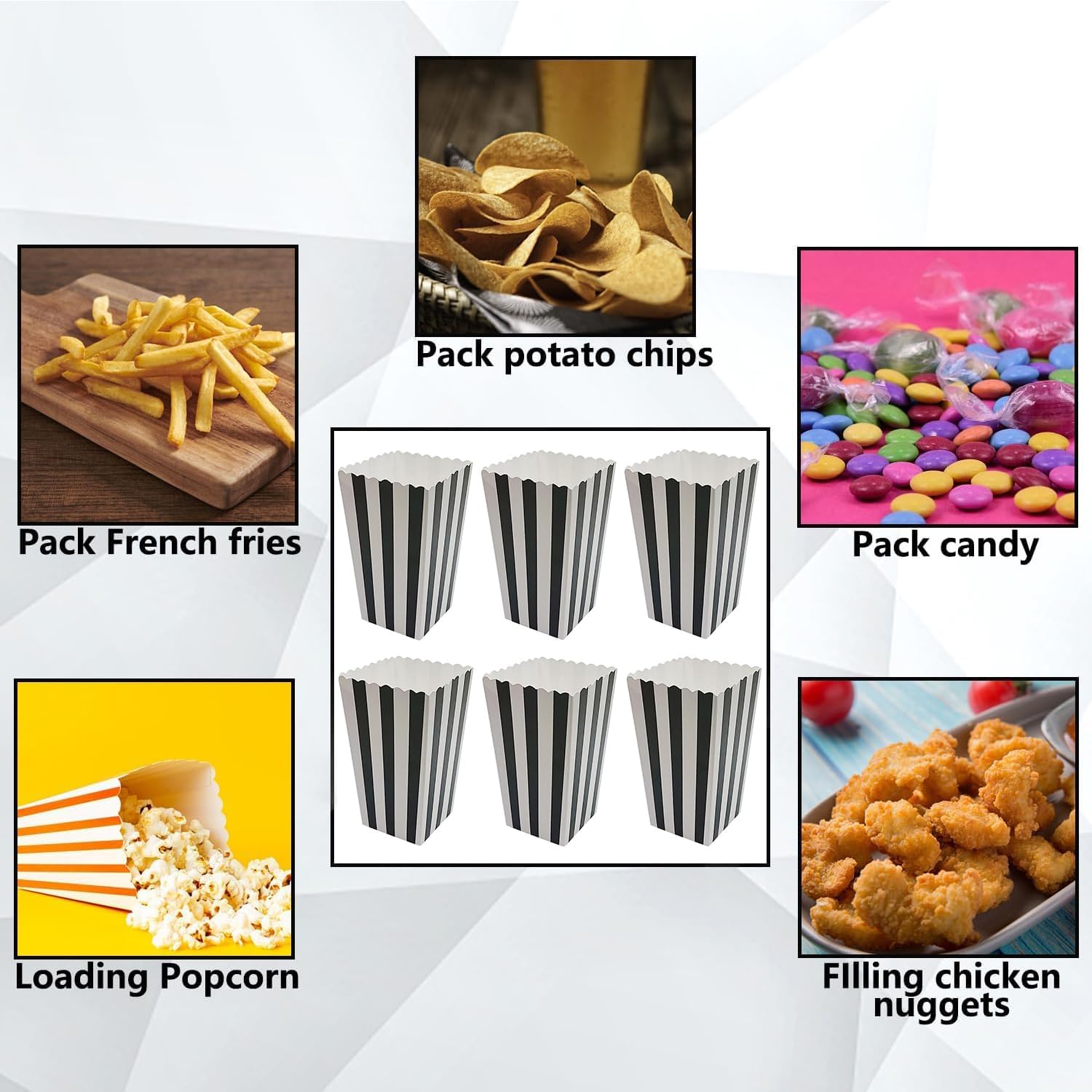 36 Pcs Popcorn Boxes with White and Black Stripes