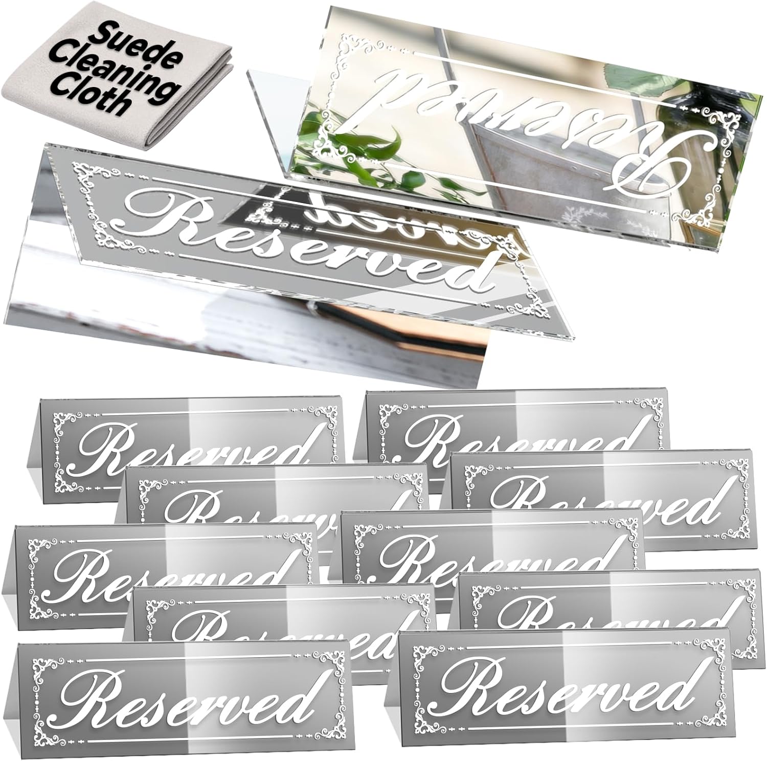 12 Pcs 6x2 Inch Silver Mirrored Table Signs