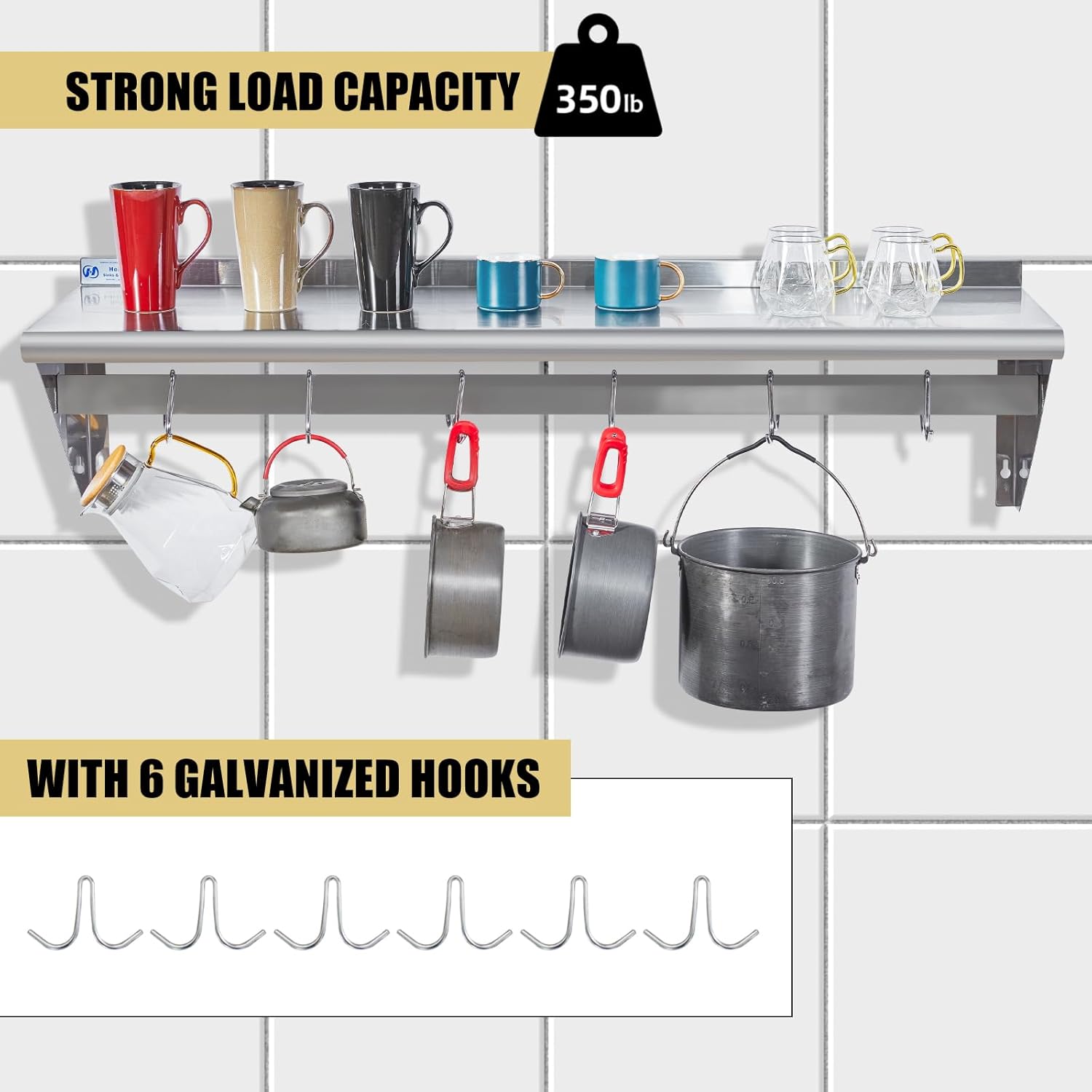 HALLY Stainless Steel Shelf with 6 Hooks 14x48 Wall Mount Pot Rack
