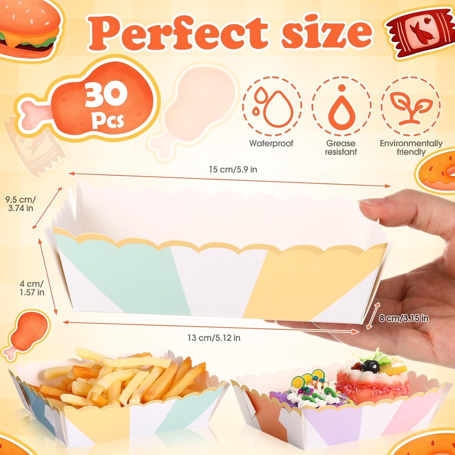 30 Pcs Pastel Striped Food Trays with Gold Foil Edge