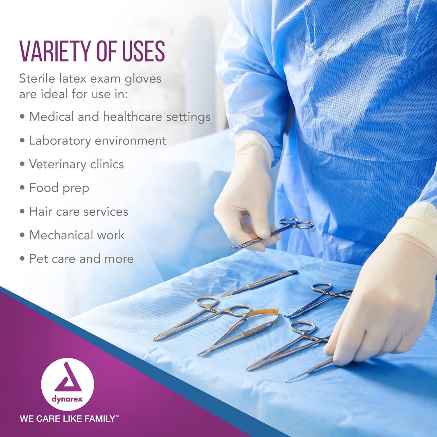 Dynarex Powder-Free Sterile Latex Exam Gloves Medium 1 Case - 8 Boxes of 50 Pairs