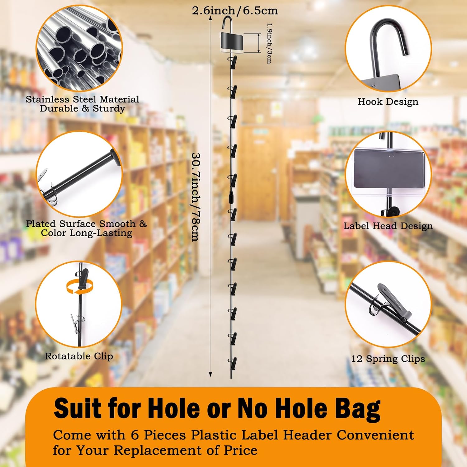 6 Pack Light-Duty Metal Hanging Strips with Hooks Black