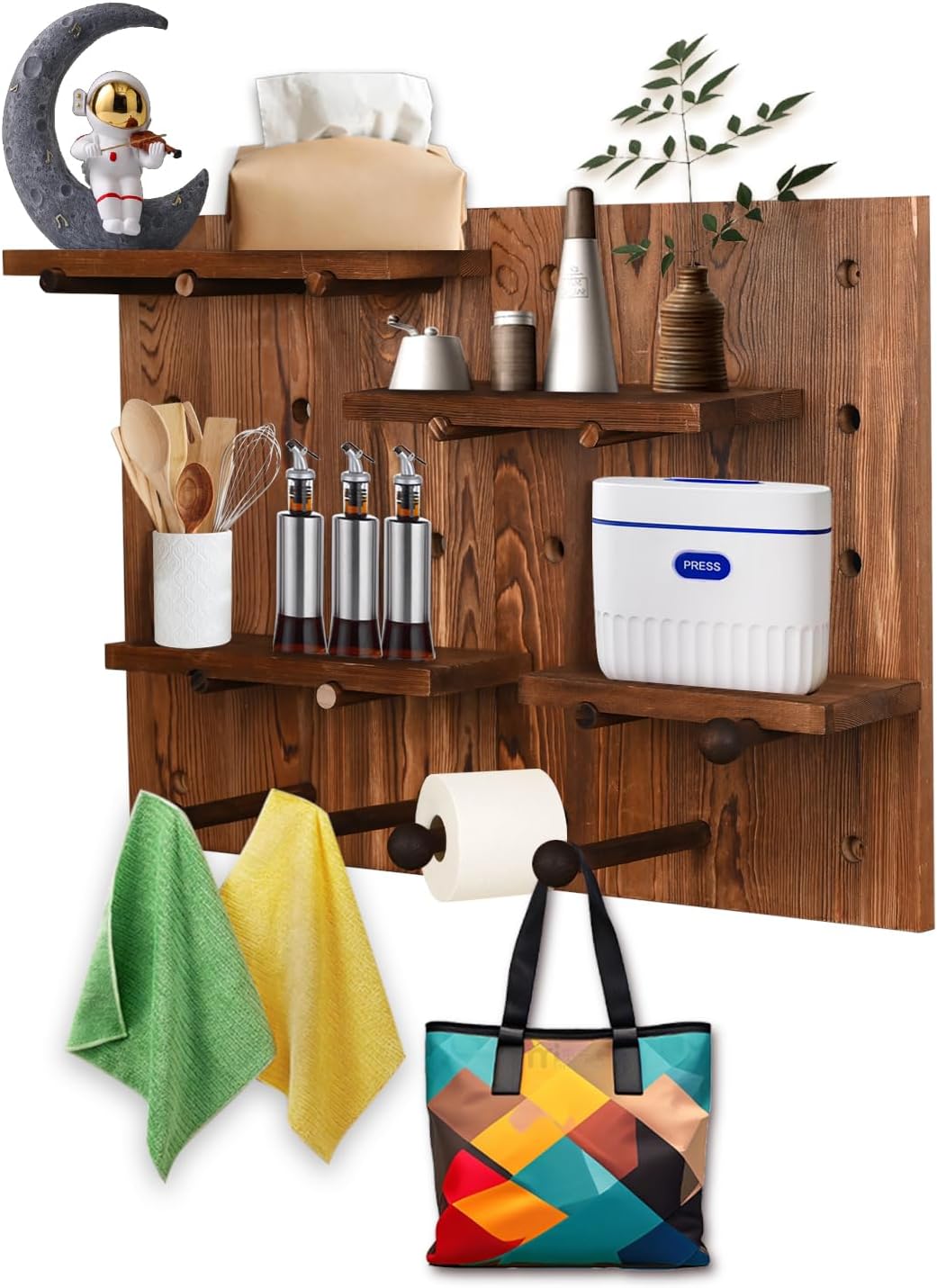 Serene Plum Perforated Wood Pegboard Wall Shelf 2 Sets Charcoal-Grilled Color