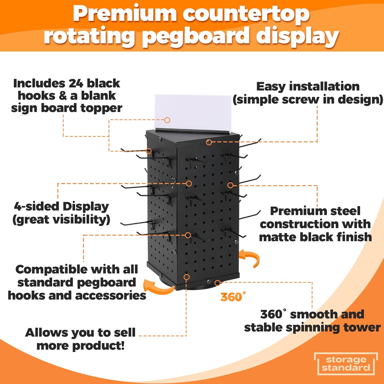 Rotating Pegboard Display Stand with 24 Hooks - 4-Sided Organizer for Jewelry and Accessories