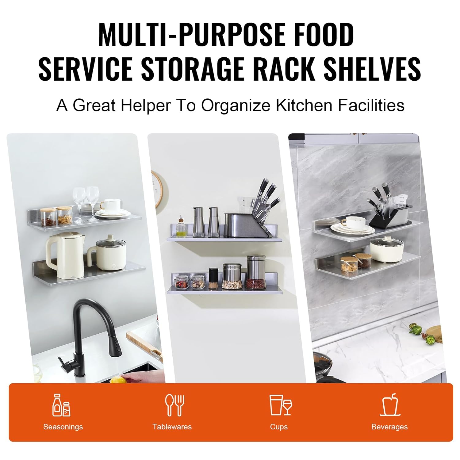 VEVOR 86 x 24 Inch 2 Pack Stainless Steel Wall Mounted Shelving with Backsplash
